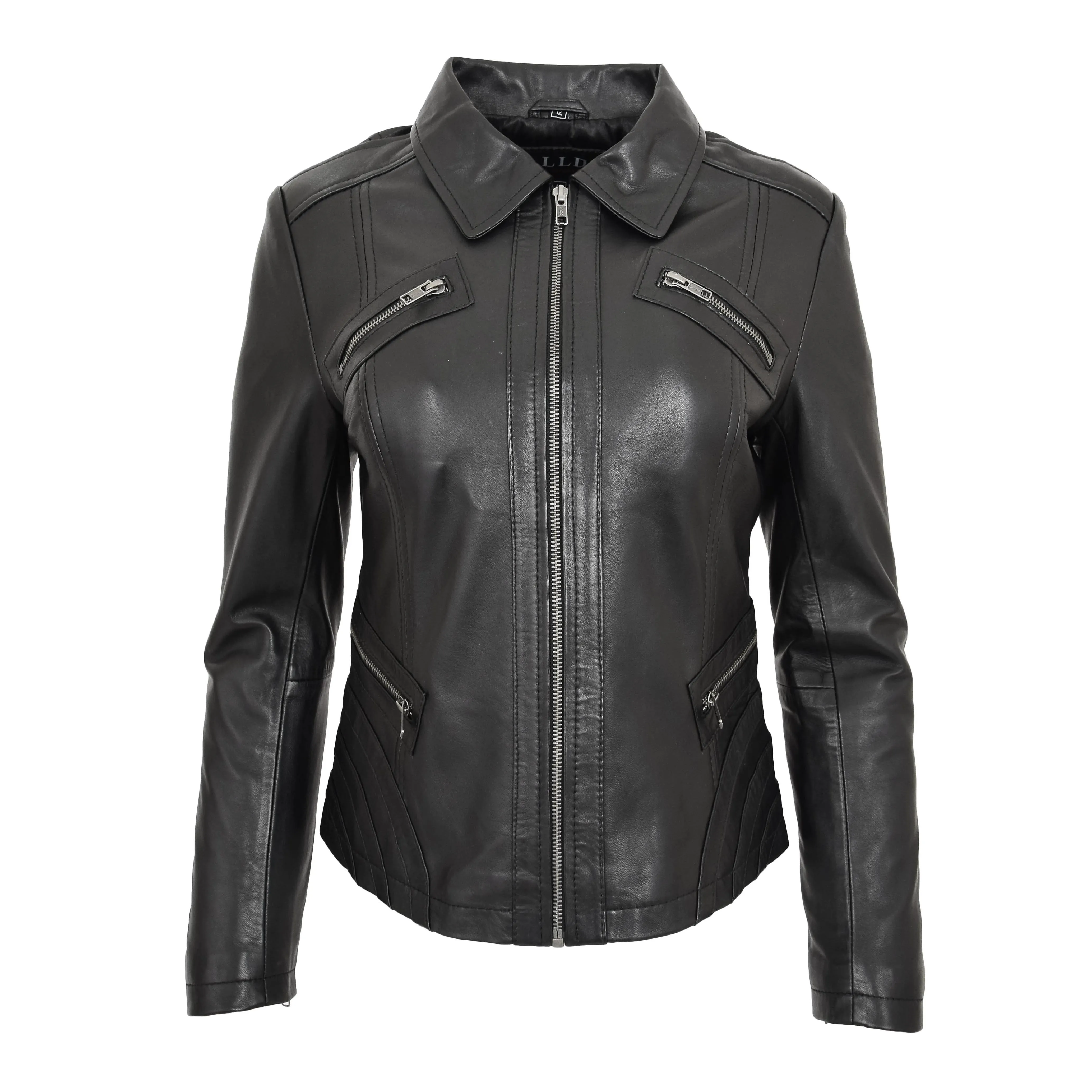 Womens Classic Leather Biker Zip Box Jacket Nova Black