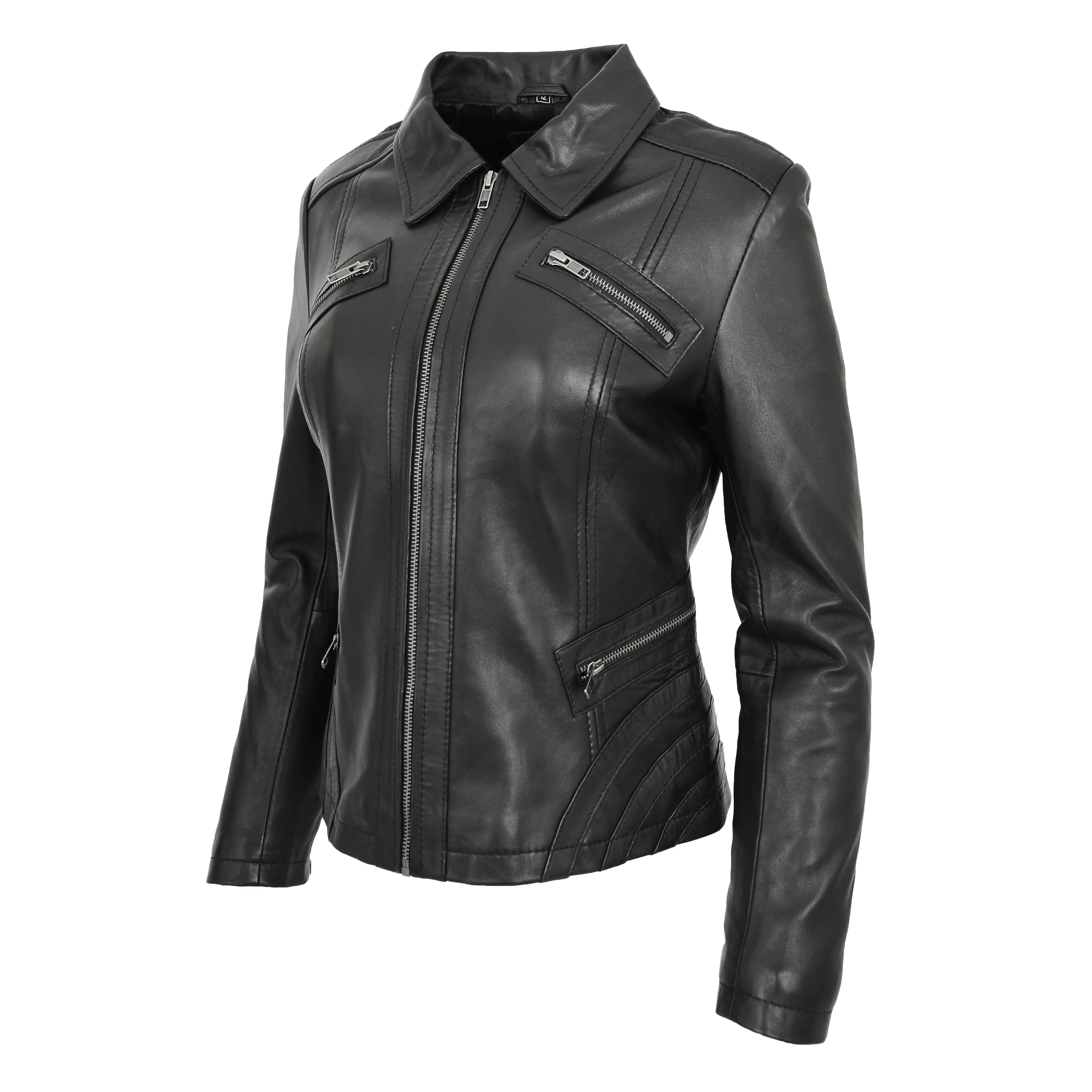 Womens Classic Leather Biker Zip Box Jacket Nova Black