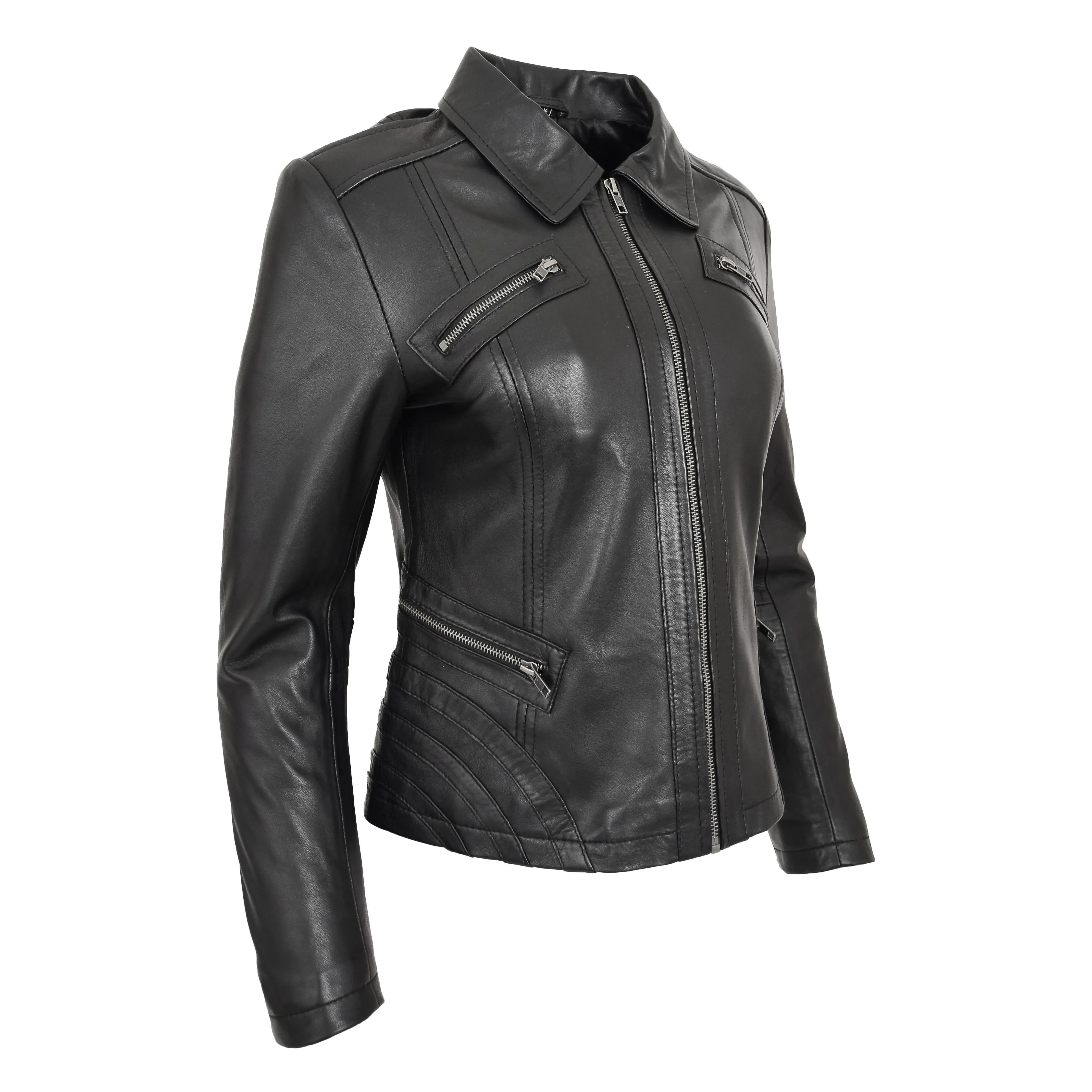 Womens Classic Leather Biker Zip Box Jacket Nova Black