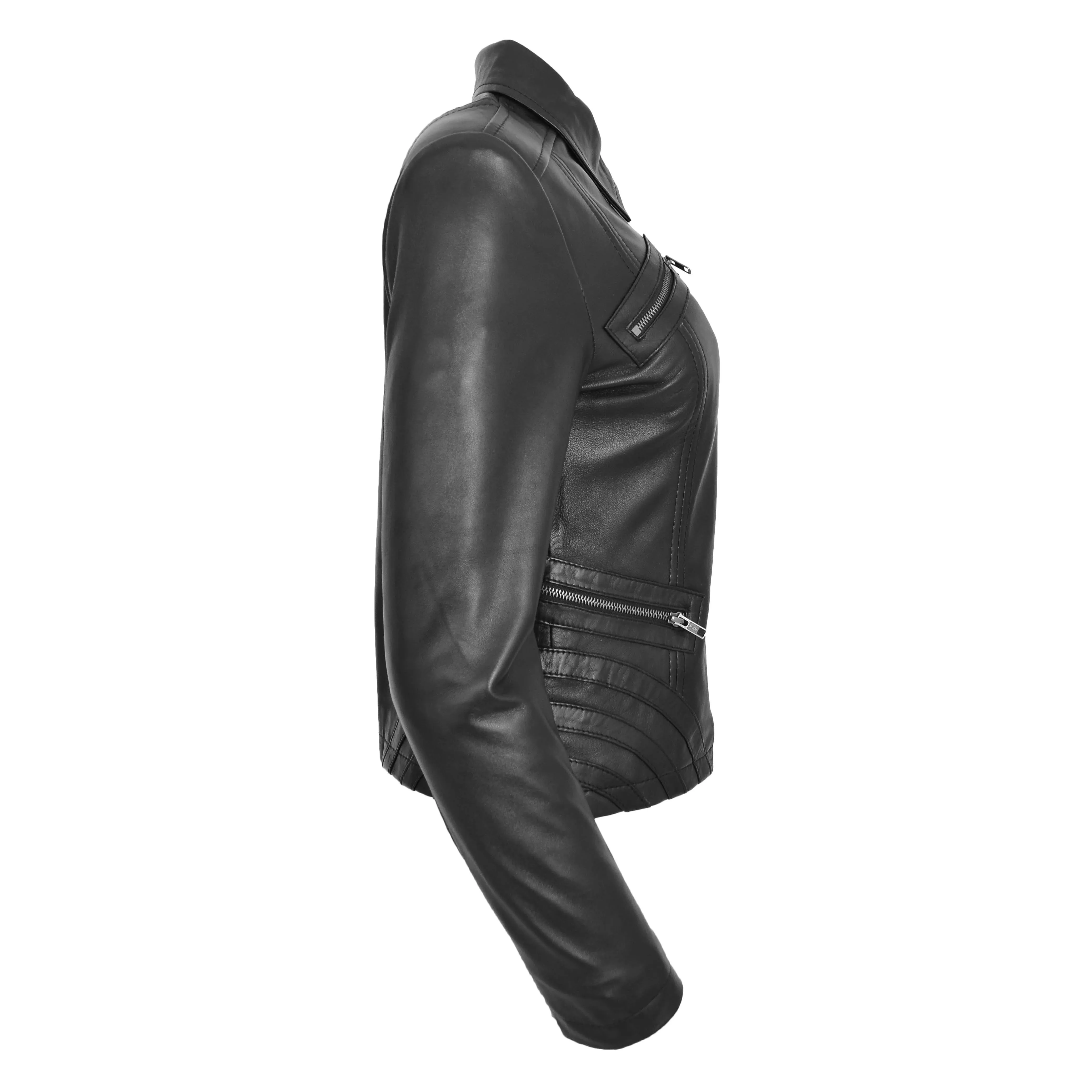 Womens Classic Leather Biker Zip Box Jacket Nova Black