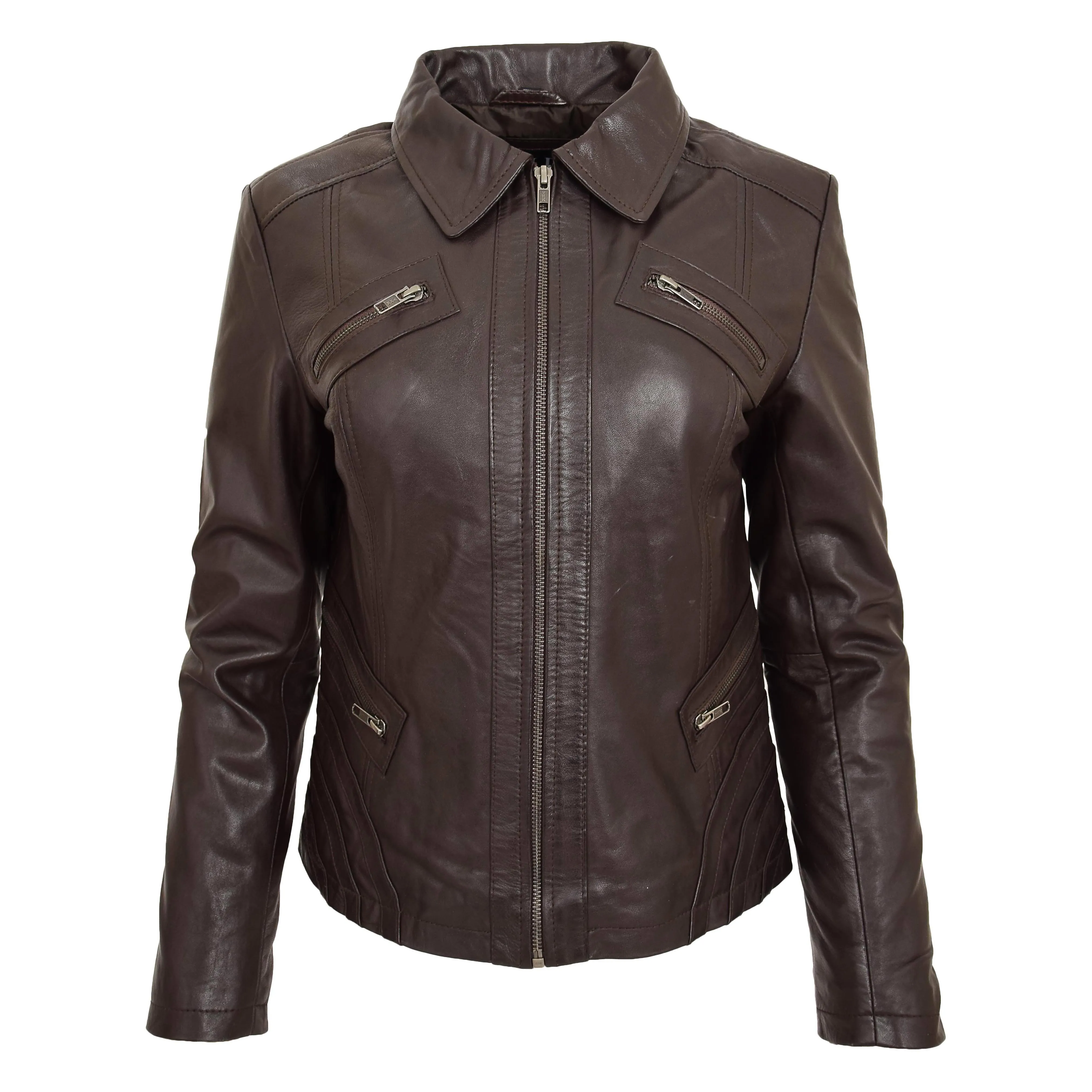 Womens Classic Leather Biker Zip Box Jacket Nova Brown