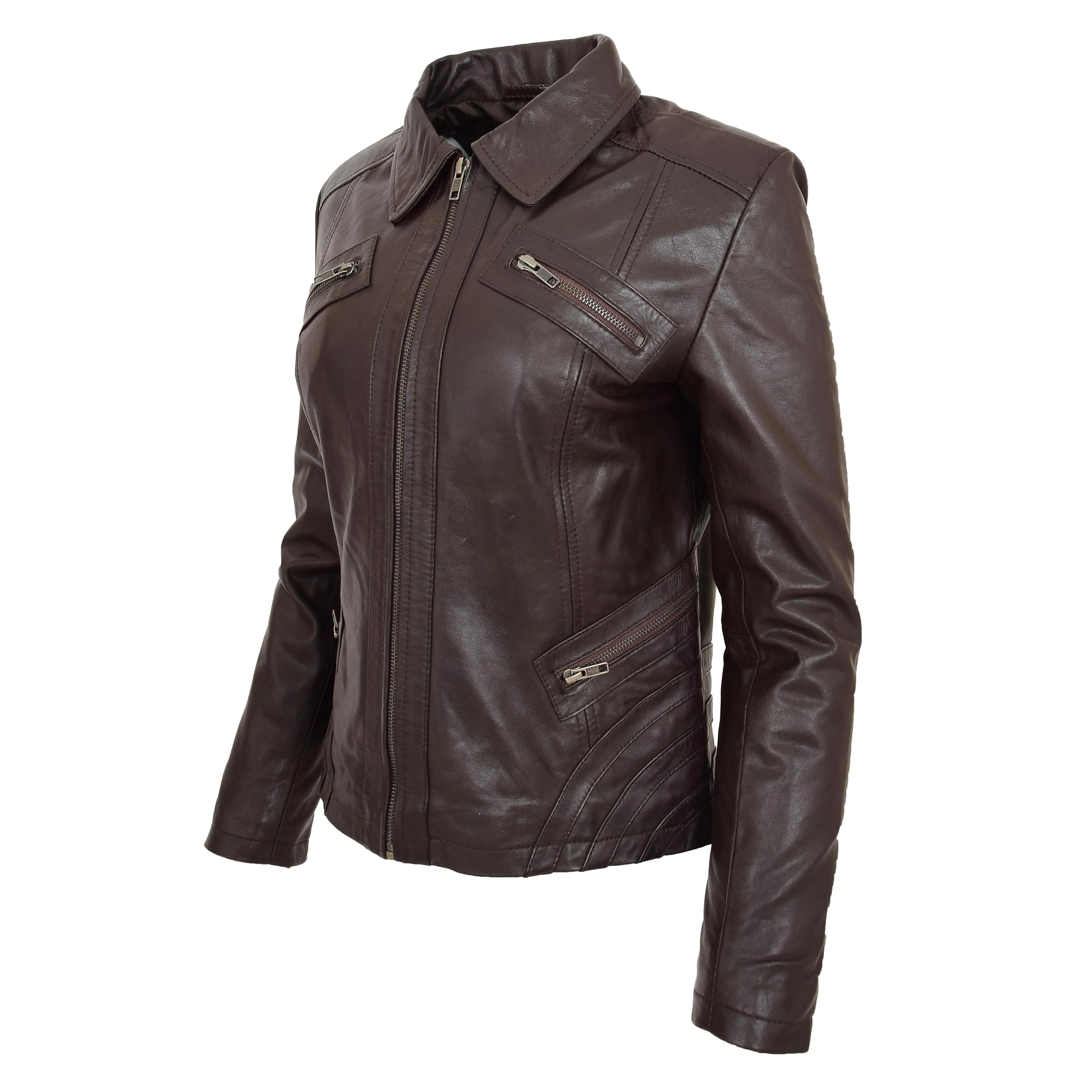 Womens Classic Leather Biker Zip Box Jacket Nova Brown