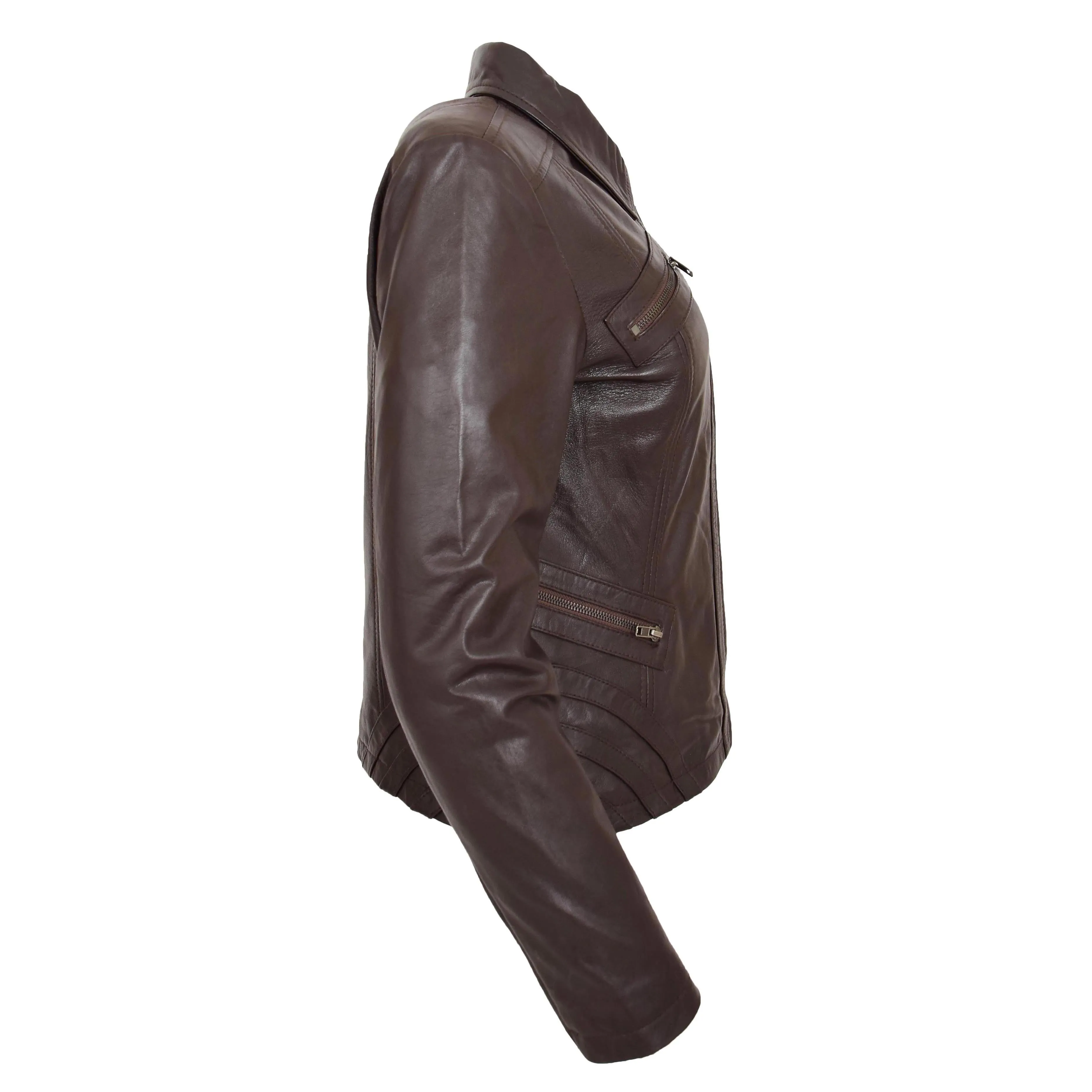 Womens Classic Leather Biker Zip Box Jacket Nova Brown