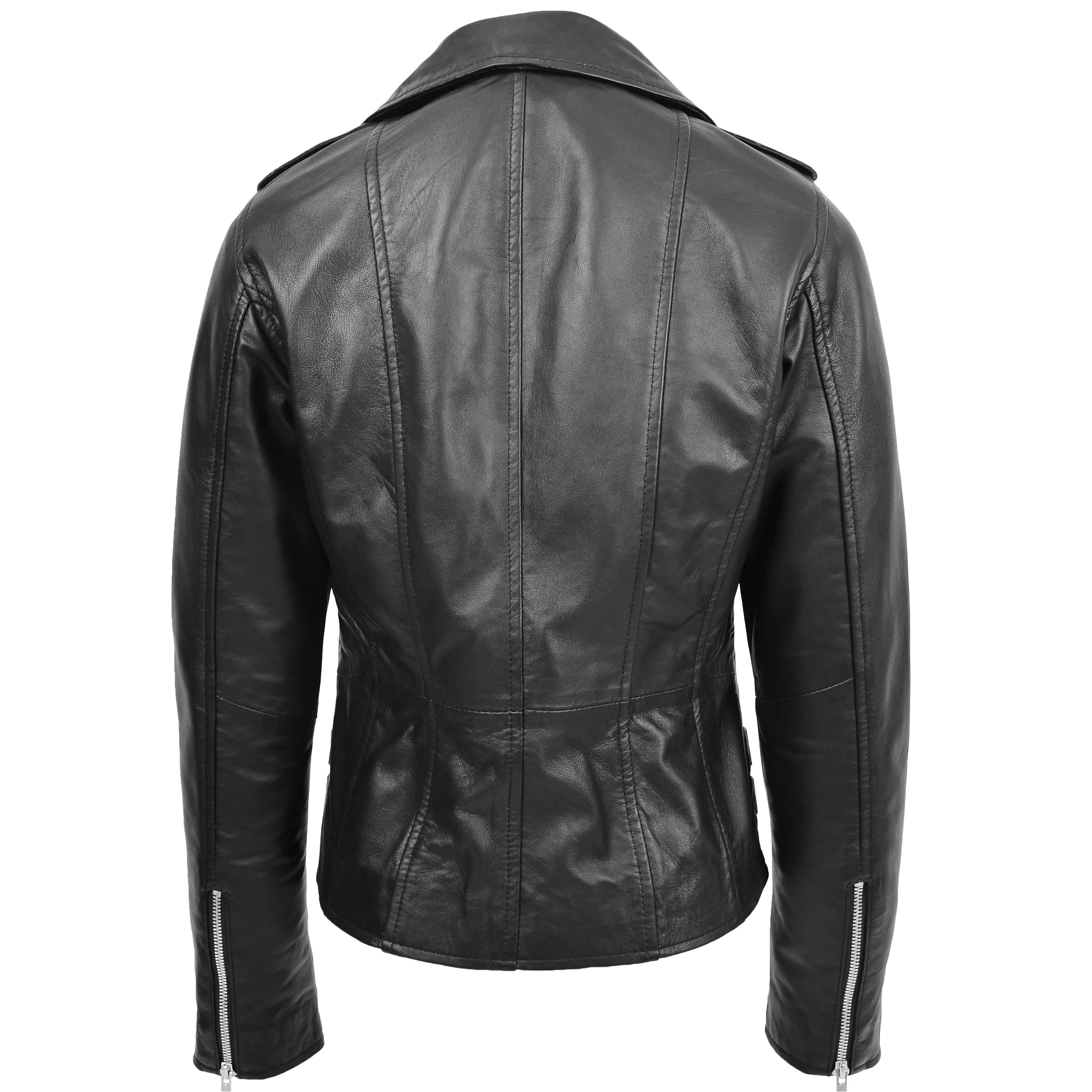 Womens Cross Zip Biker Leather Jacket Cara Black