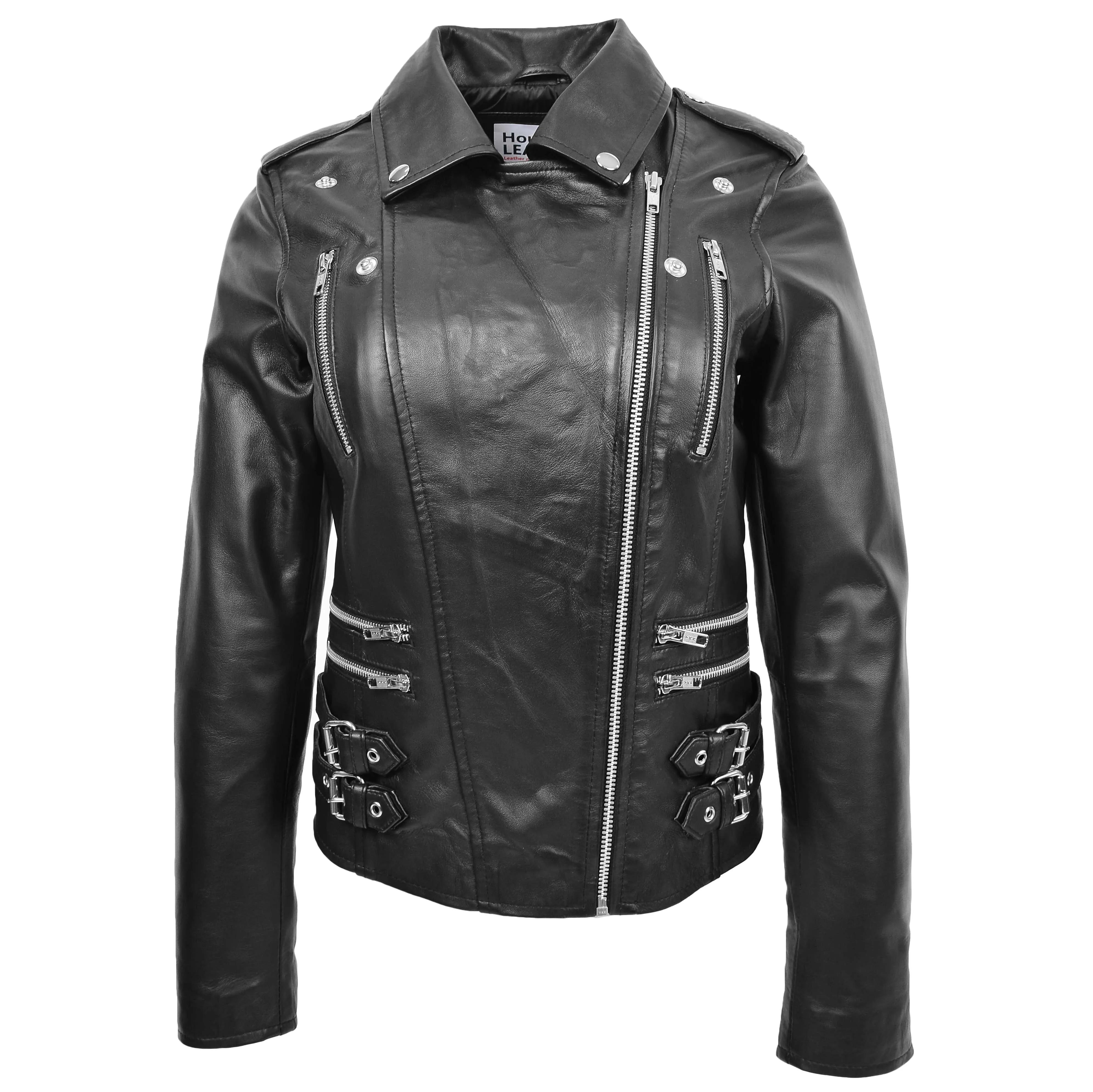 Womens Cross Zip Biker Leather Jacket Cara Black