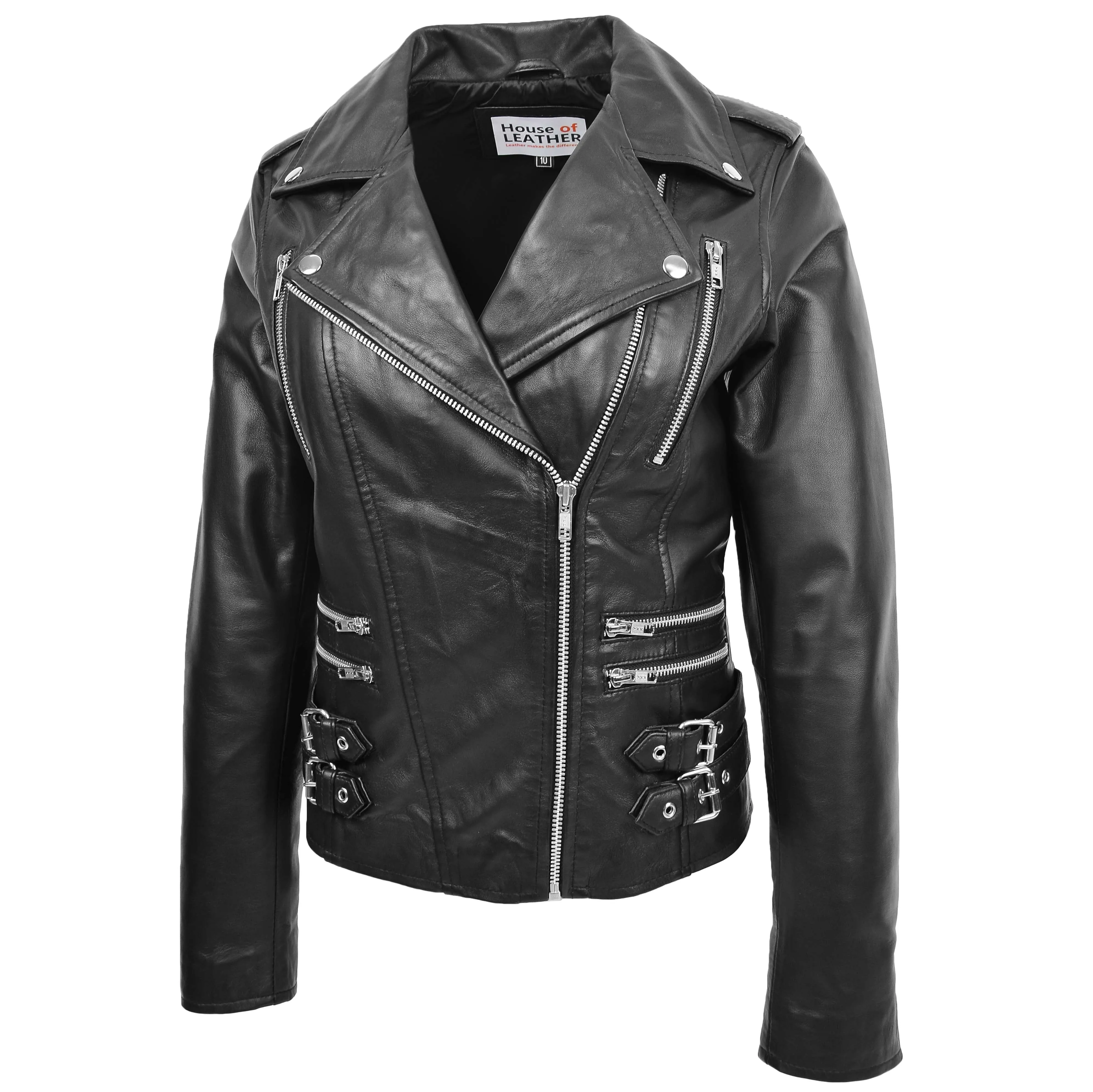 Womens Cross Zip Biker Leather Jacket Cara Black