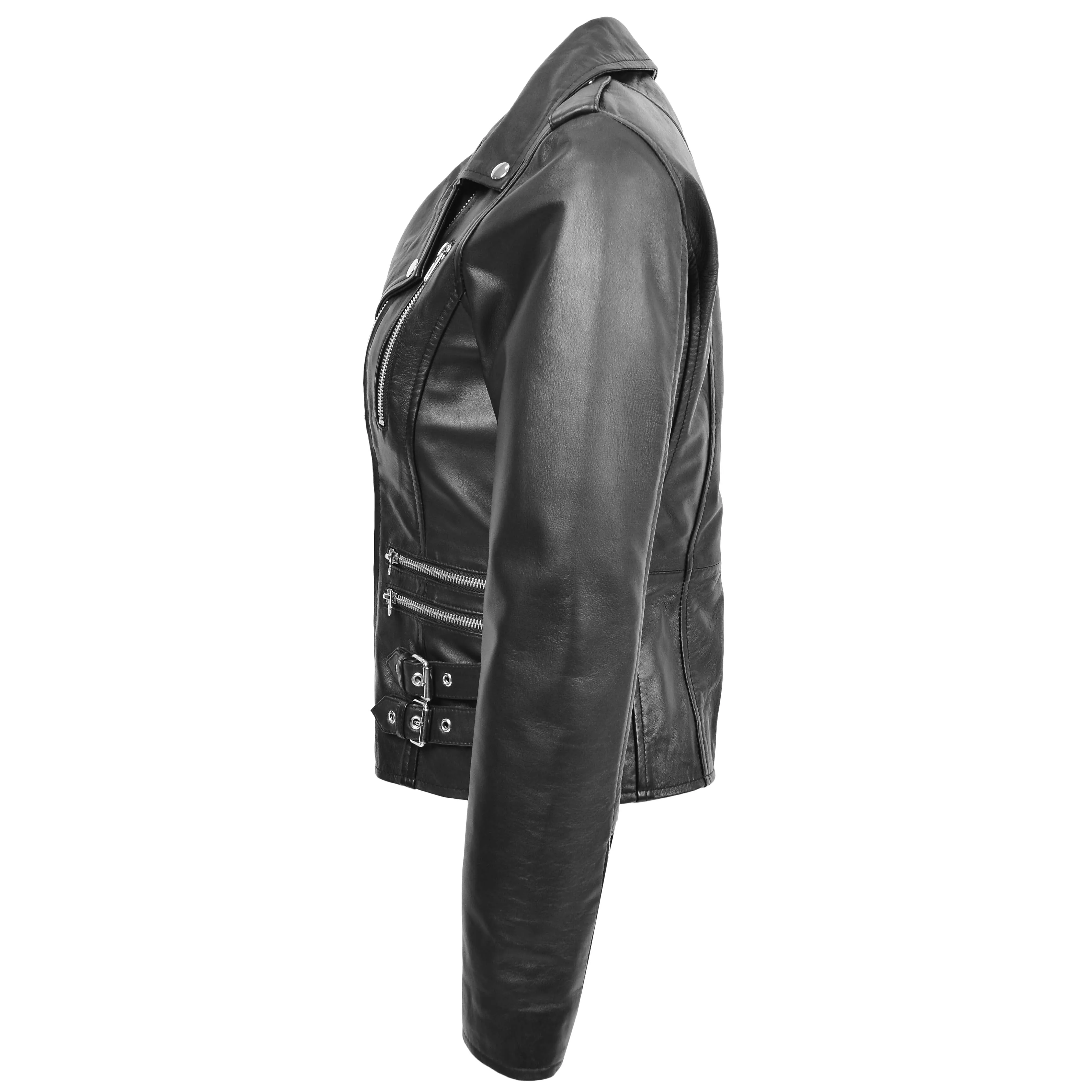 Womens Cross Zip Biker Leather Jacket Cara Black