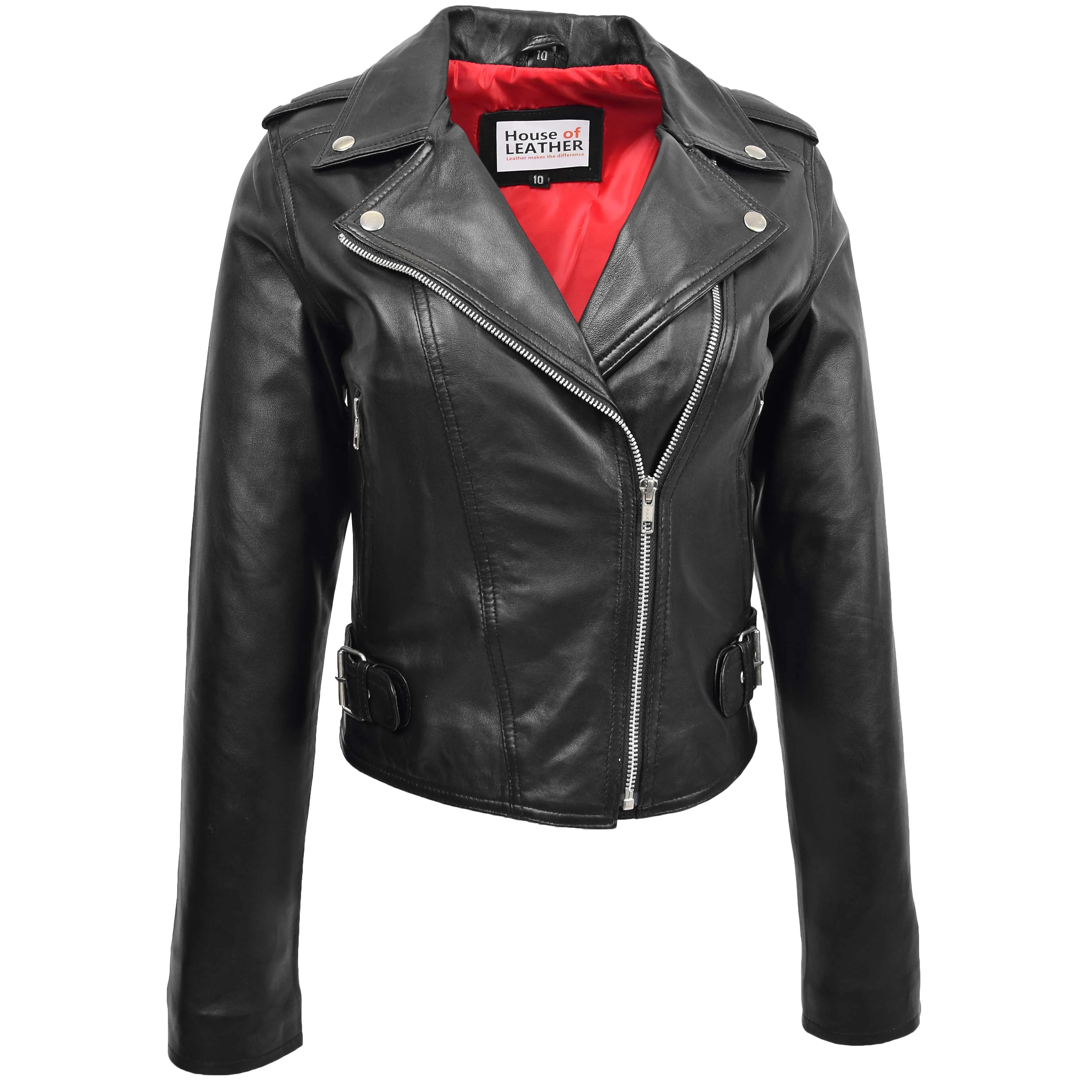 Womens Leather Biker Style Cross Zip Jacket Emma Black