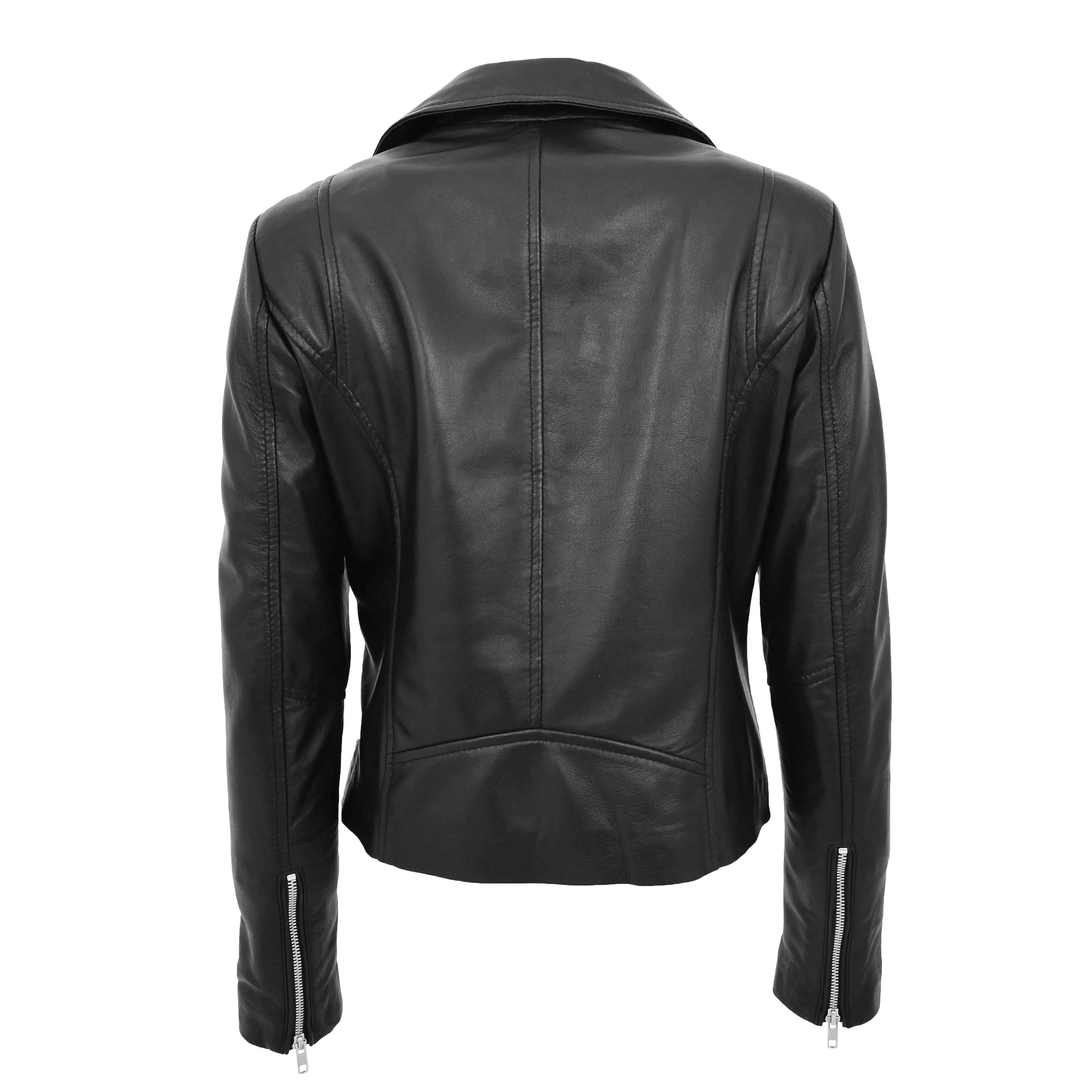 Womens Leather Biker Style Jacket Cross Zip Maya Black