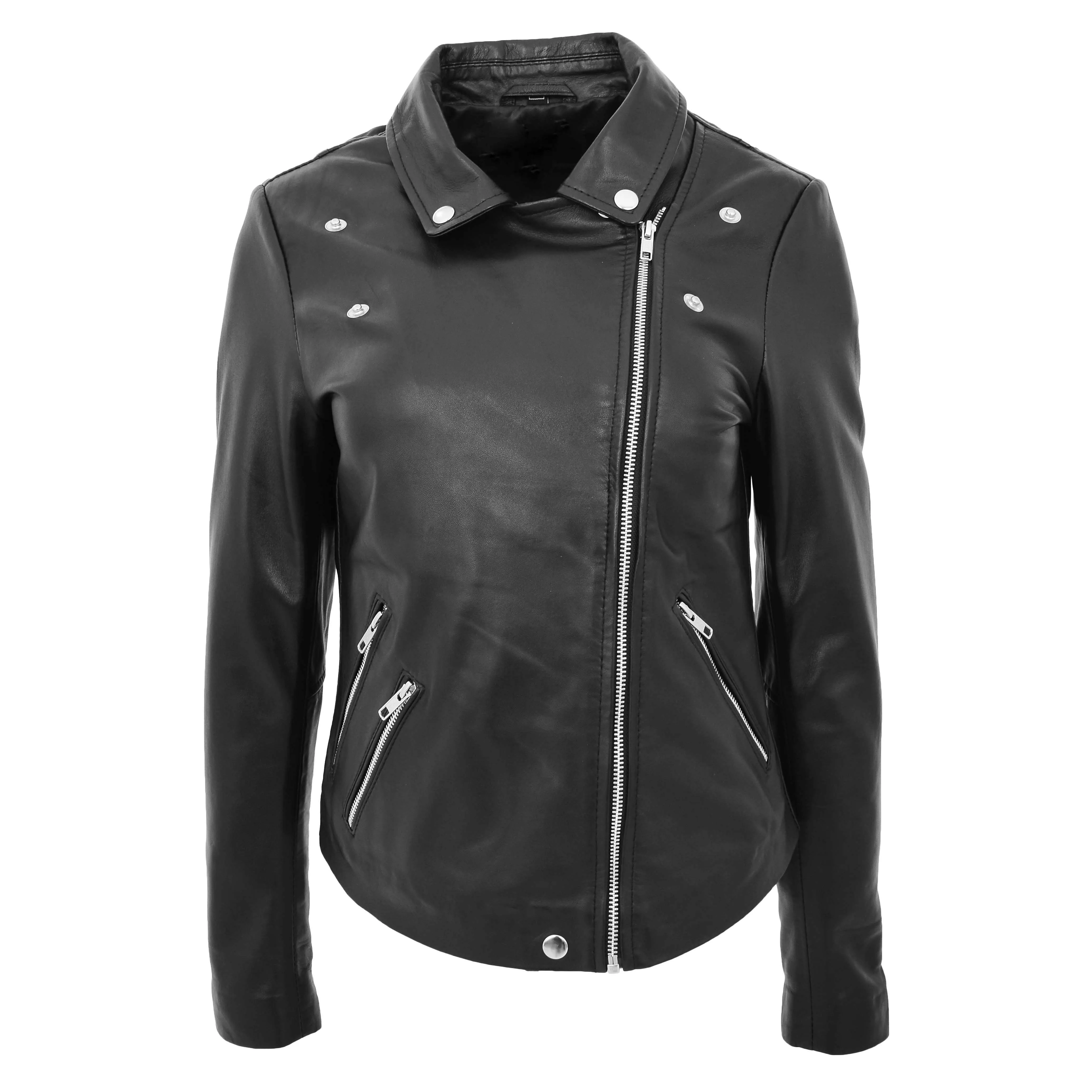 Womens Leather Biker Style Jacket Cross Zip Maya Black