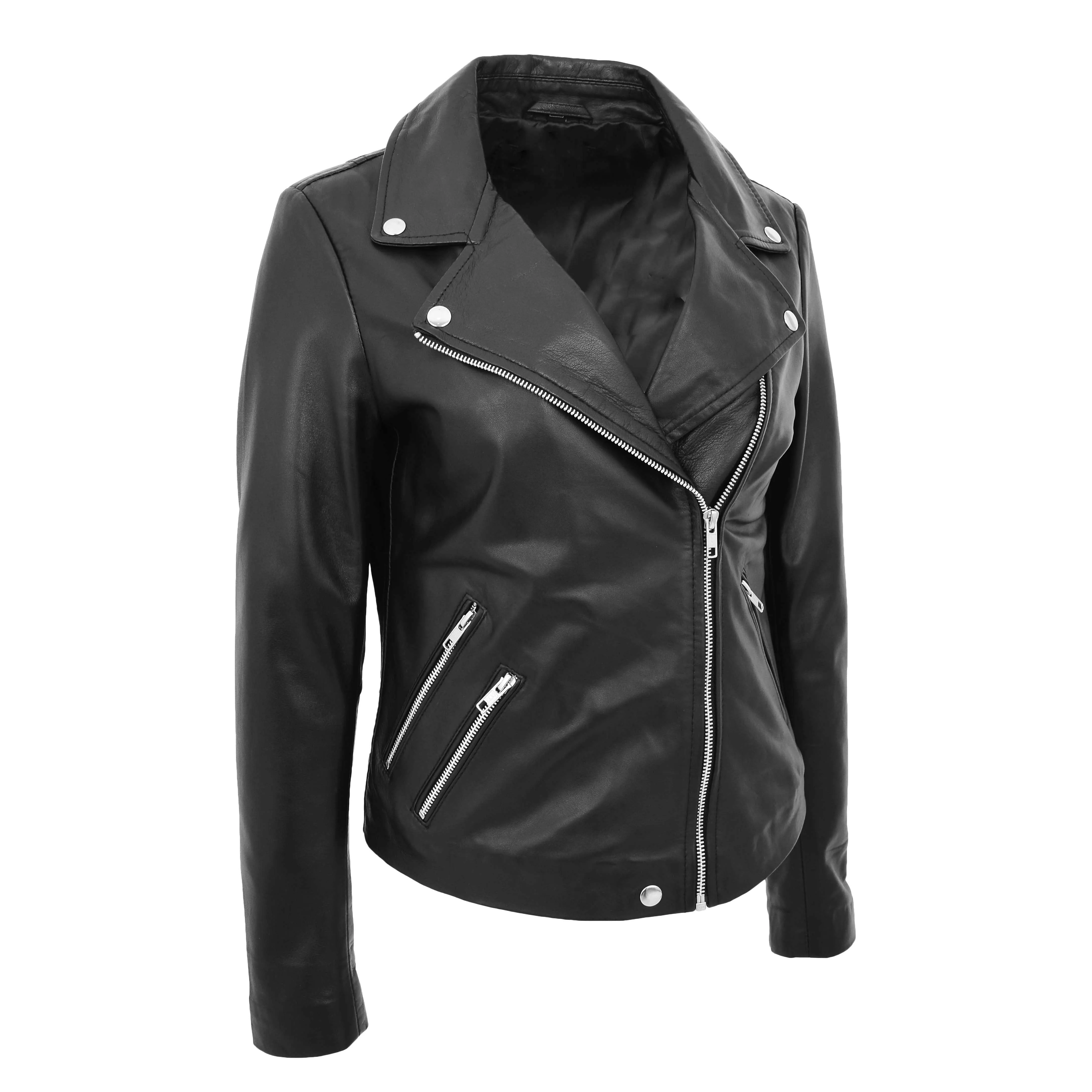 Womens Leather Biker Style Jacket Cross Zip Maya Black