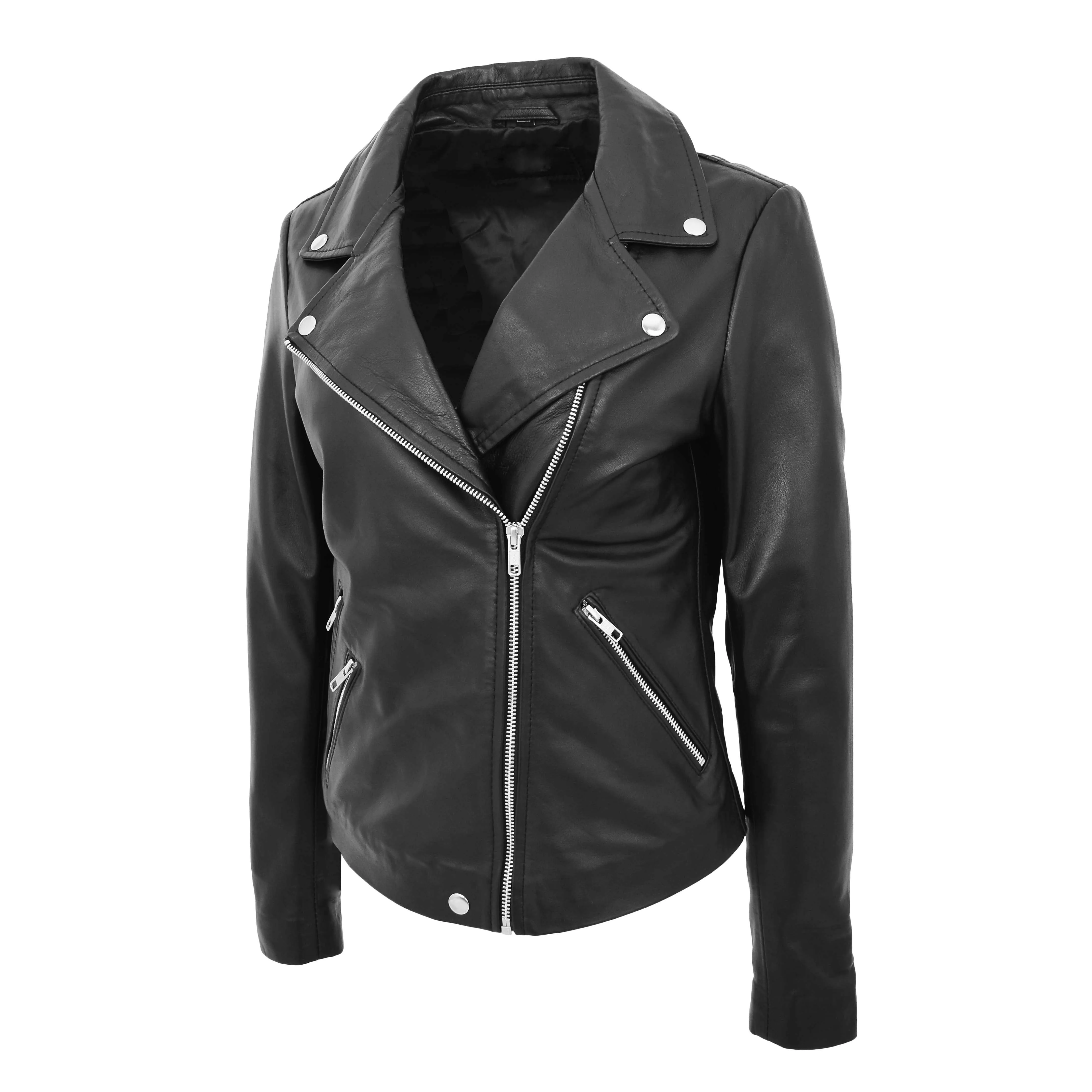 Womens Leather Biker Style Jacket Cross Zip Maya Black