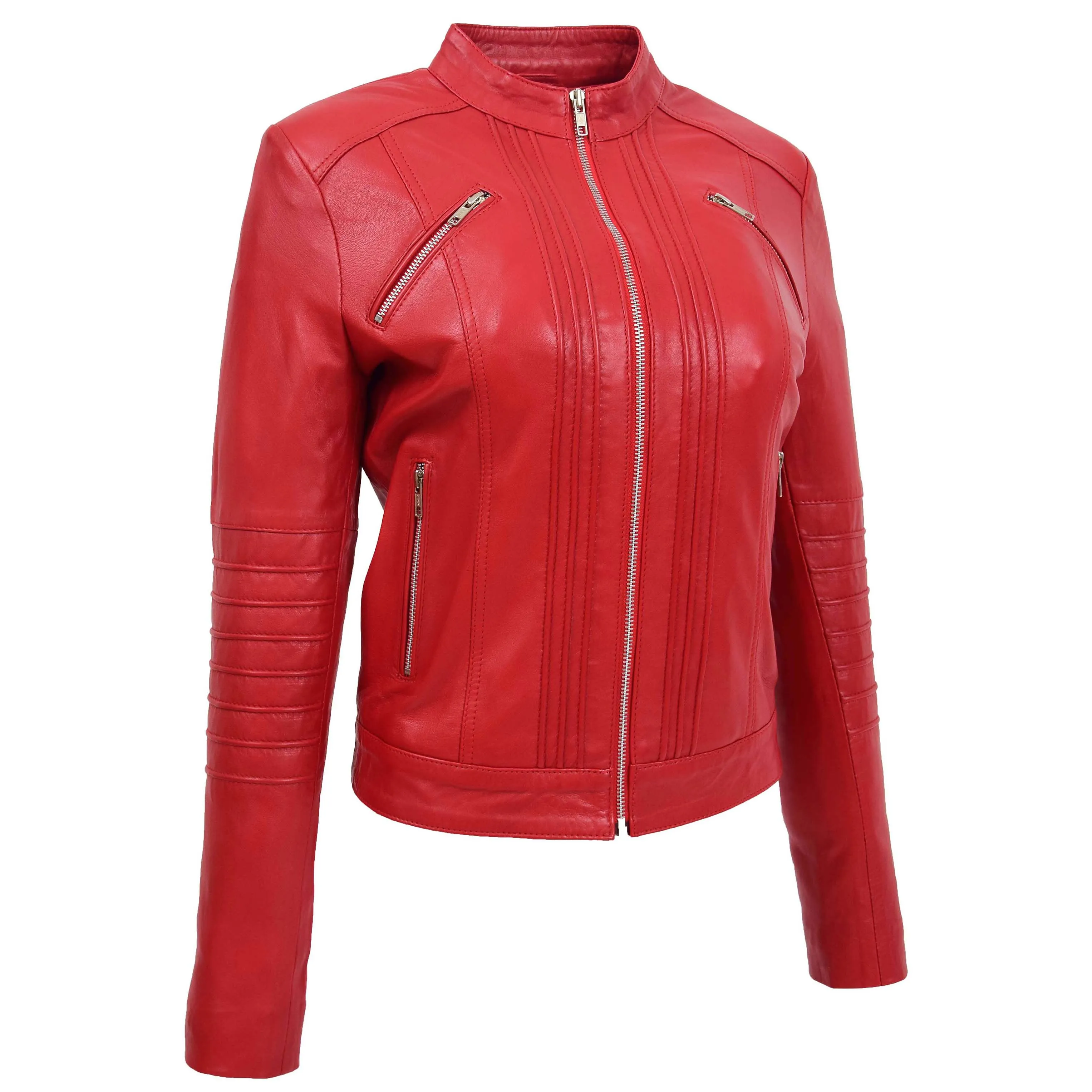 Womens Leather Classic Biker Style Jacket Alice Red