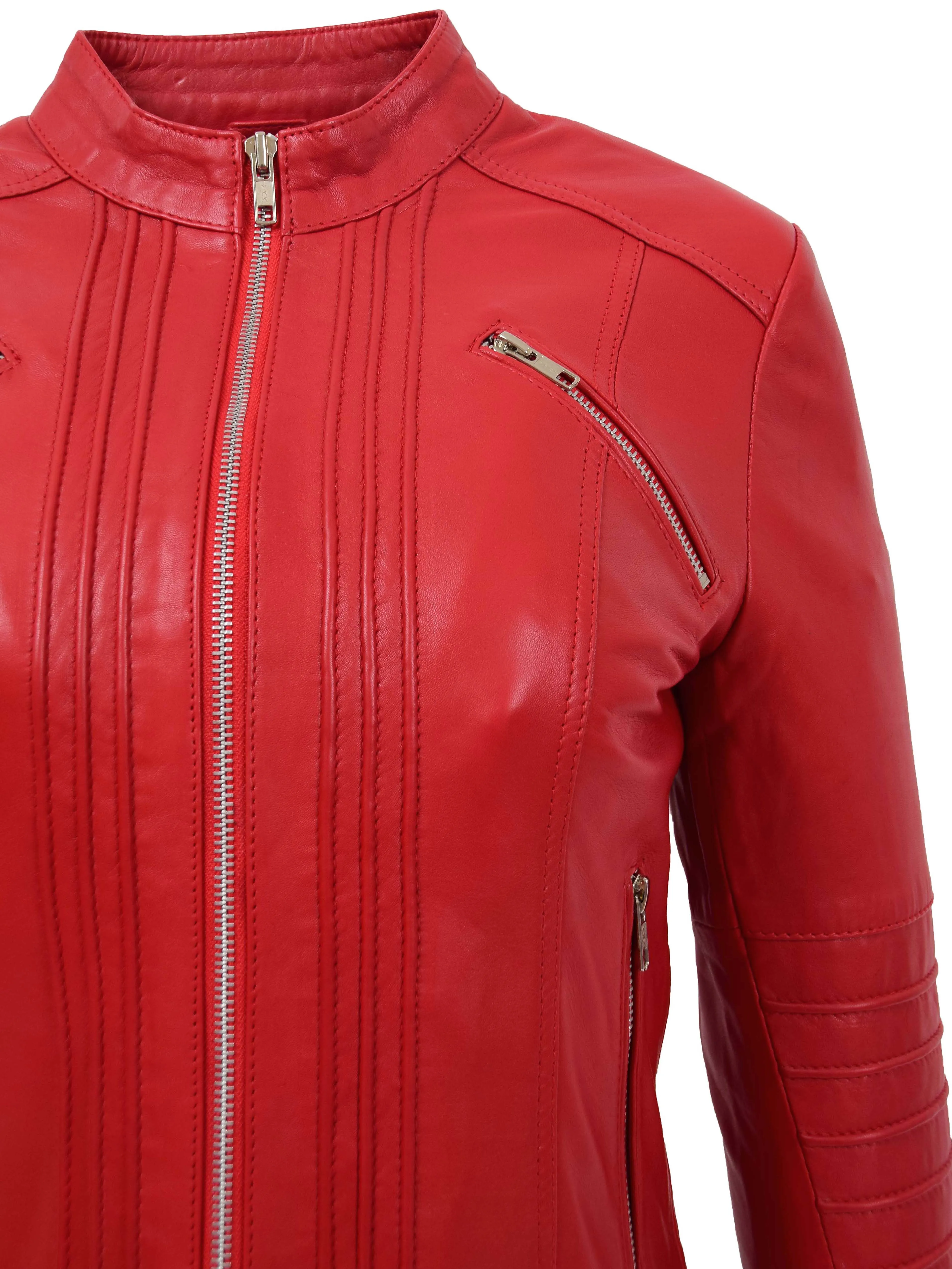 Womens Leather Classic Biker Style Jacket Alice Red