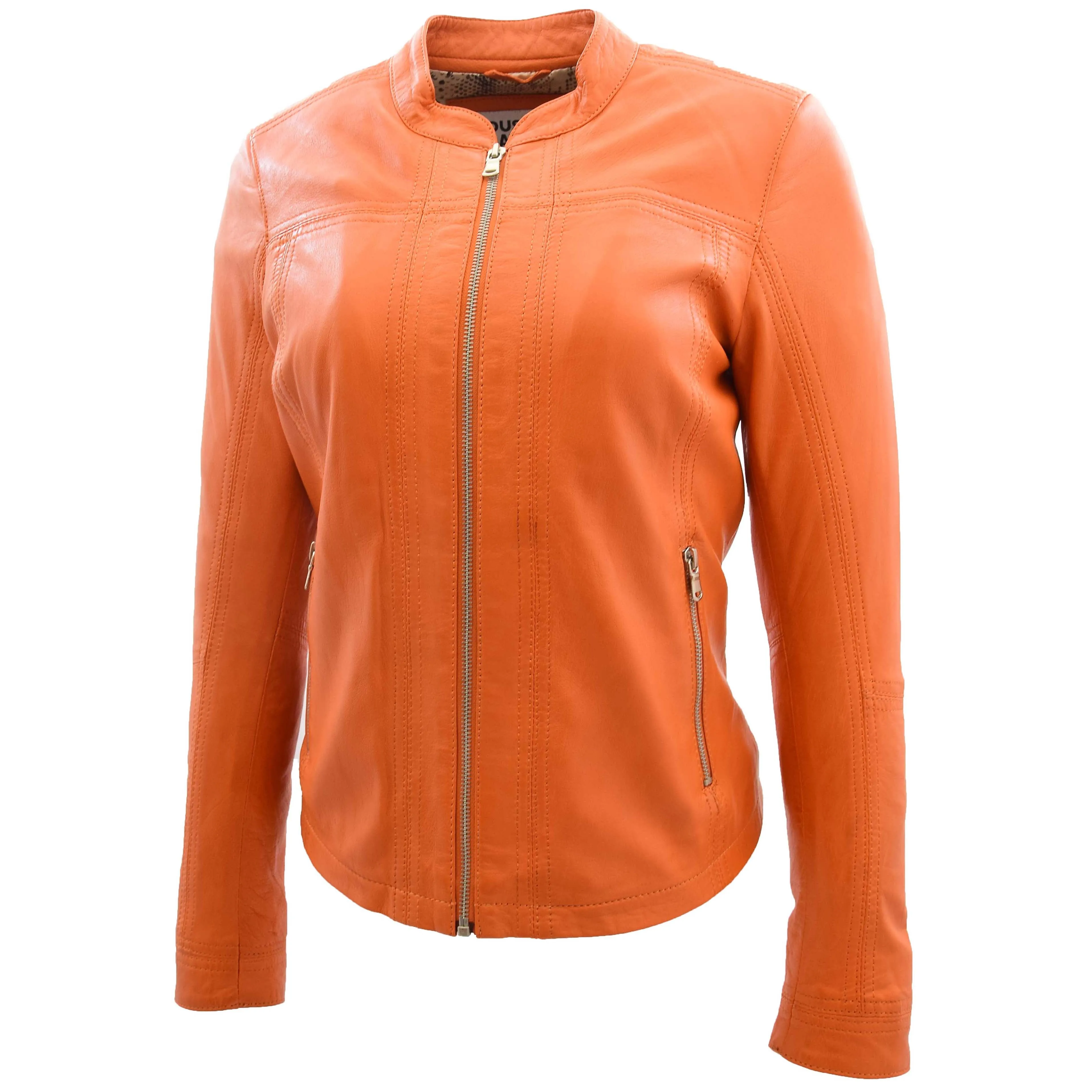 Womens Leather Classic Biker Style Jacket Tayla Orange