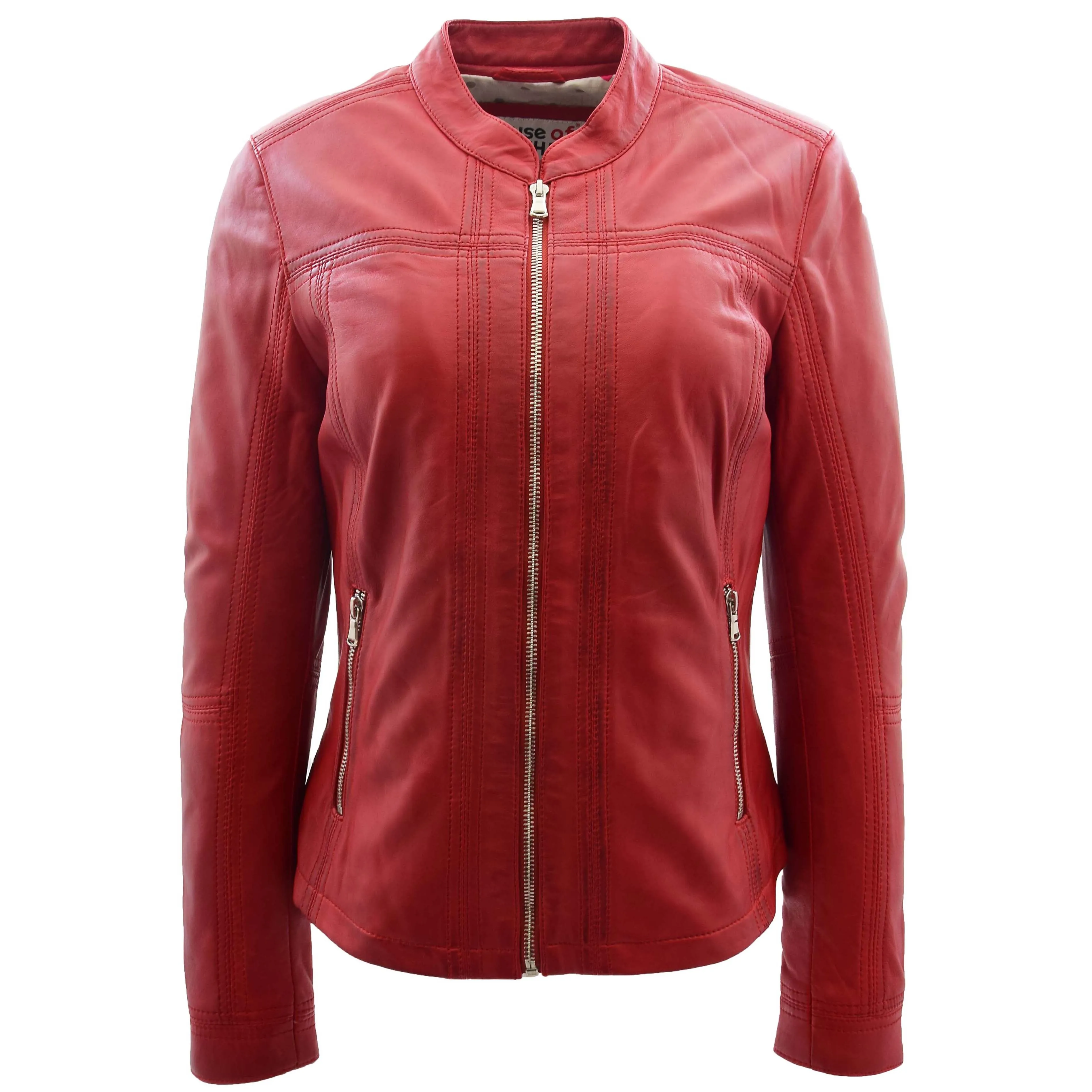 Womens Leather Classic Biker Style Jacket Tayla Red