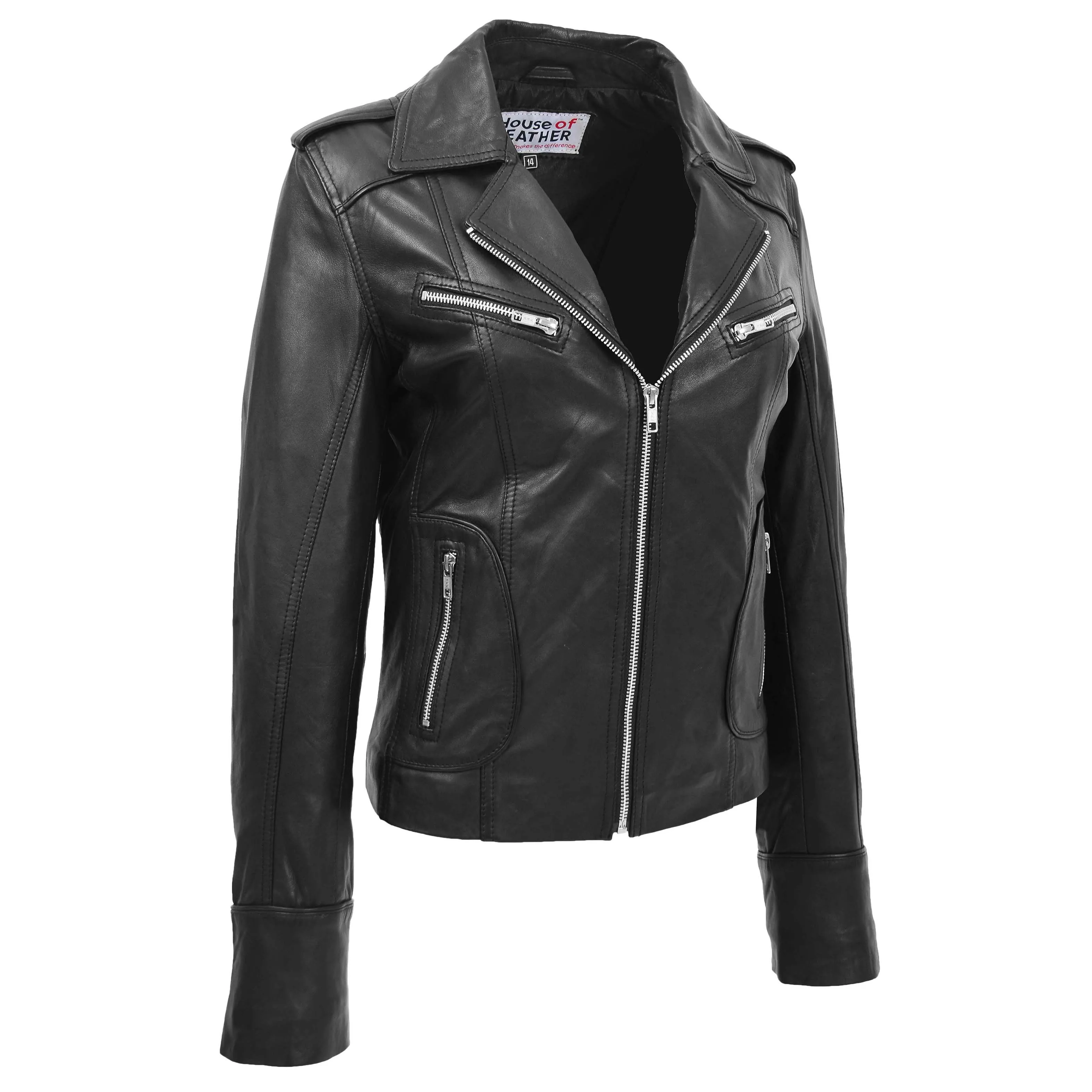 Womens Leather Fitted Biker Style Jacket Kim Black