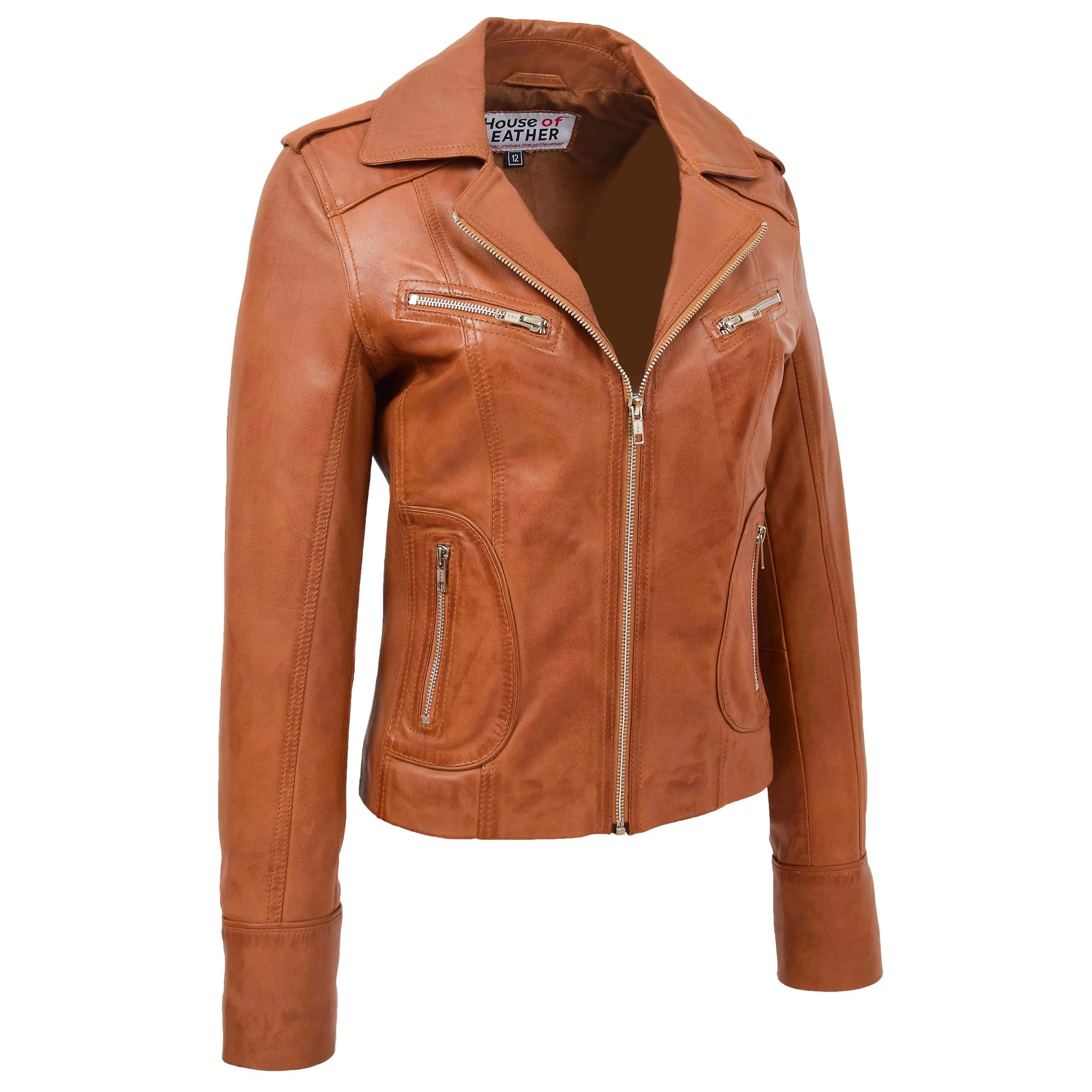 Womens Leather Fitted Biker Style Jacket Kim Tan