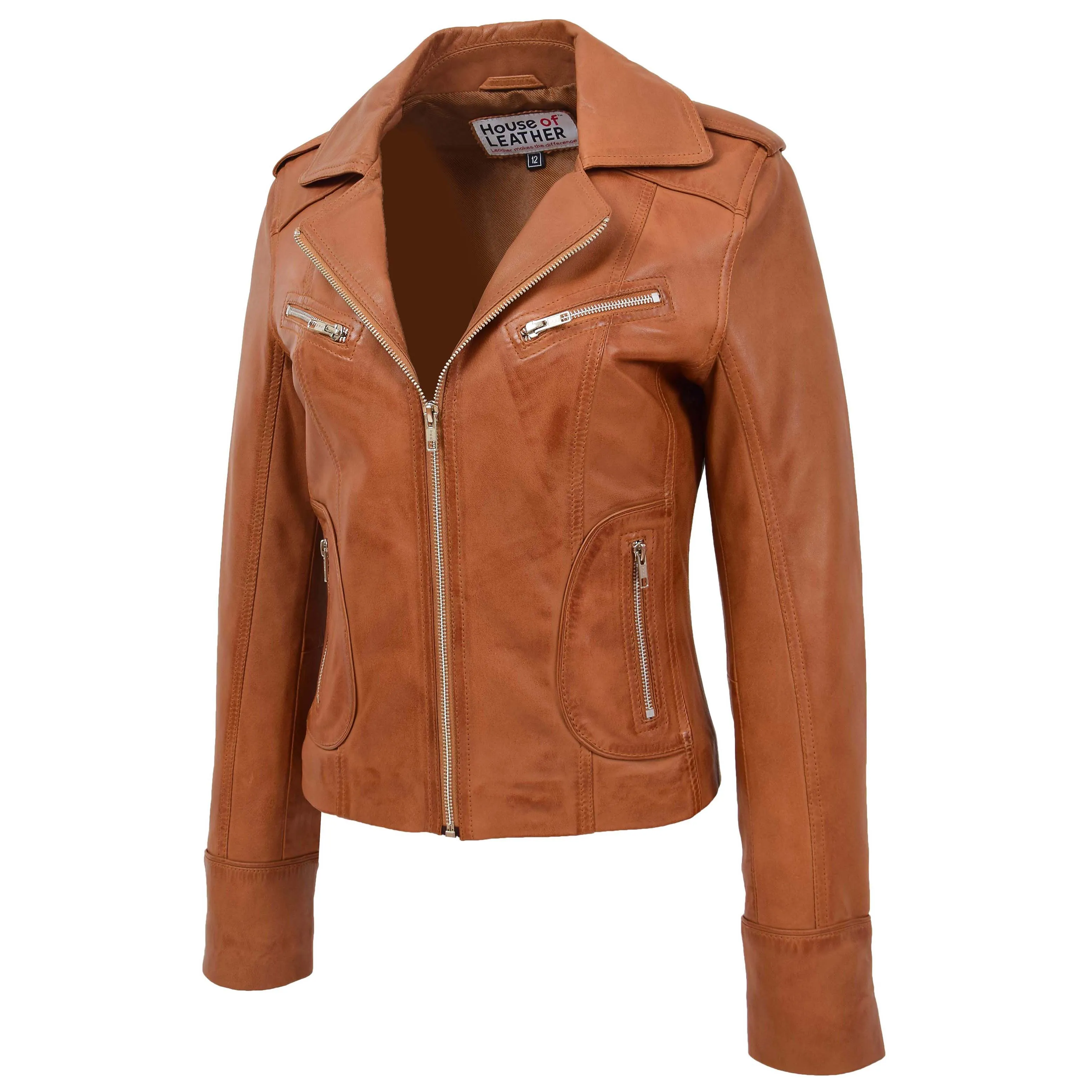 Womens Leather Fitted Biker Style Jacket Kim Tan