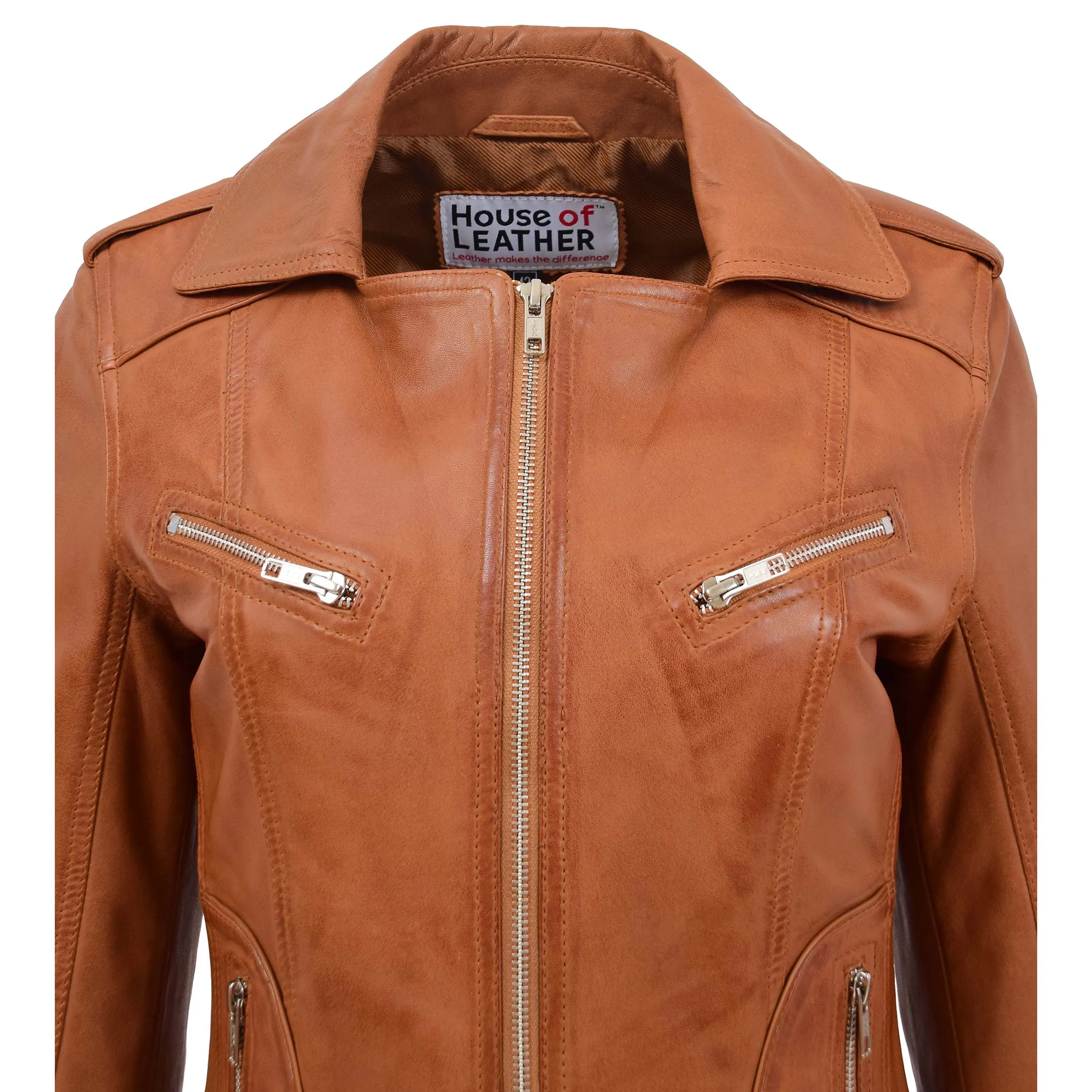 Womens Leather Fitted Biker Style Jacket Kim Tan