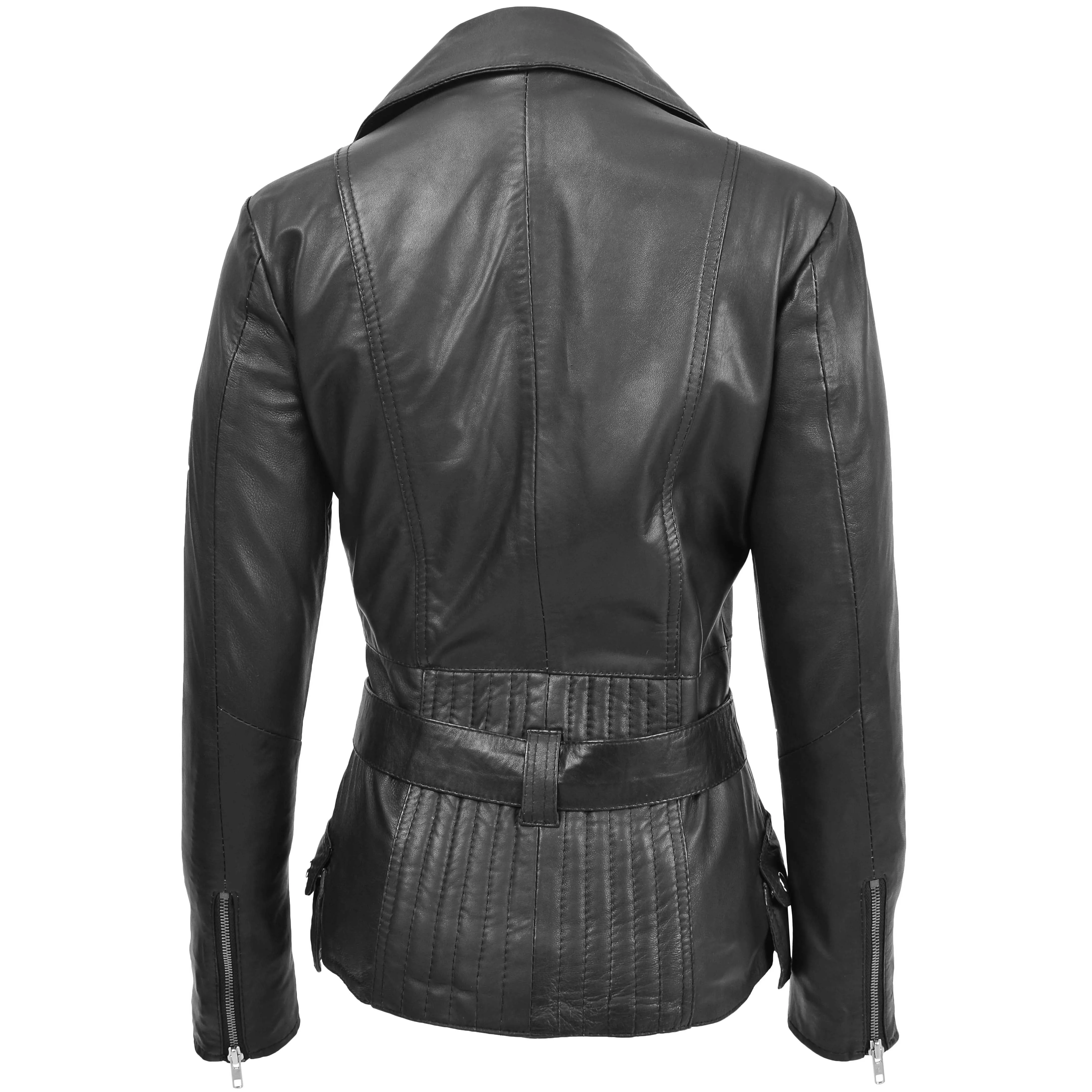 Womens Leather Hip Length Biker Jacket Celia Black