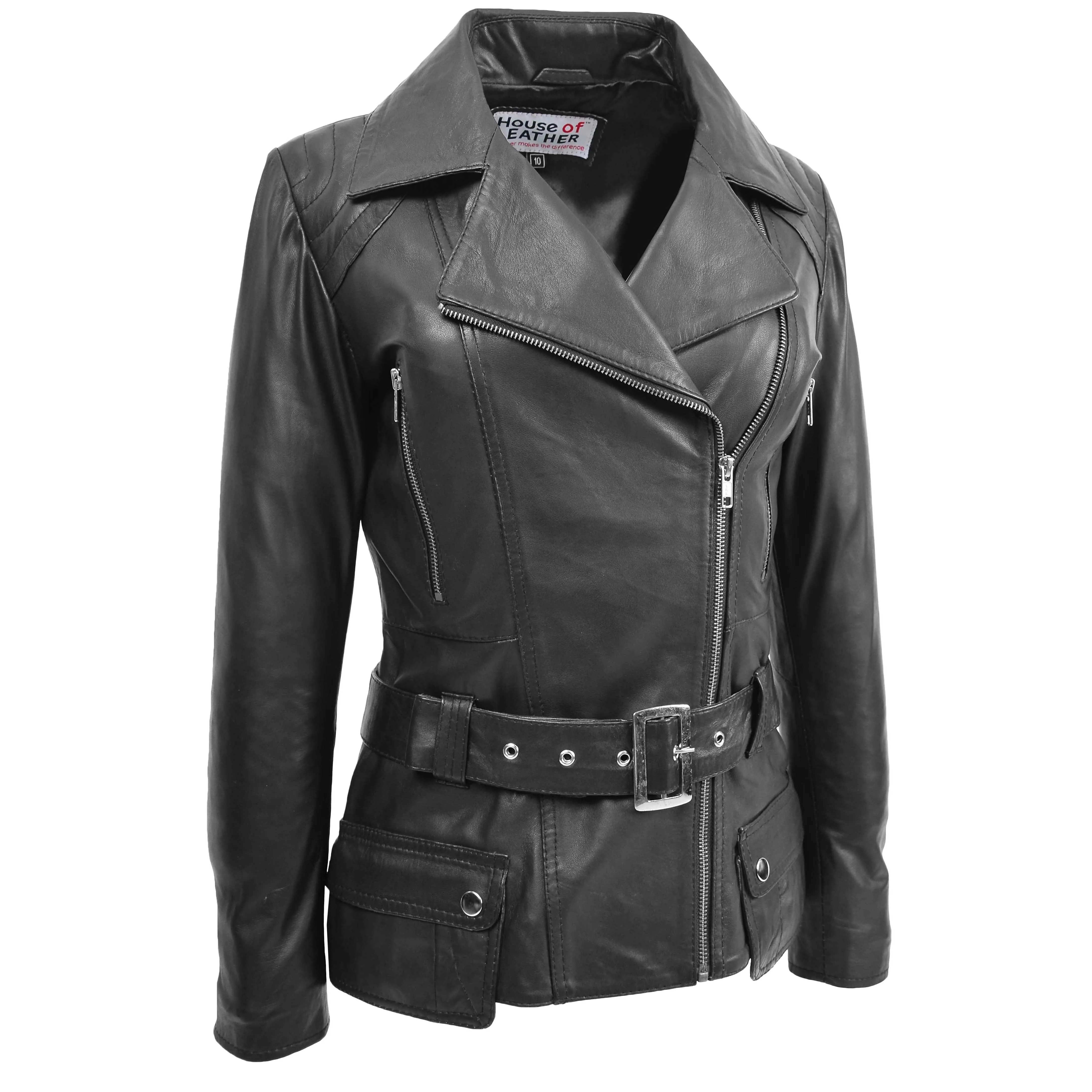 Womens Leather Hip Length Biker Jacket Celia Black