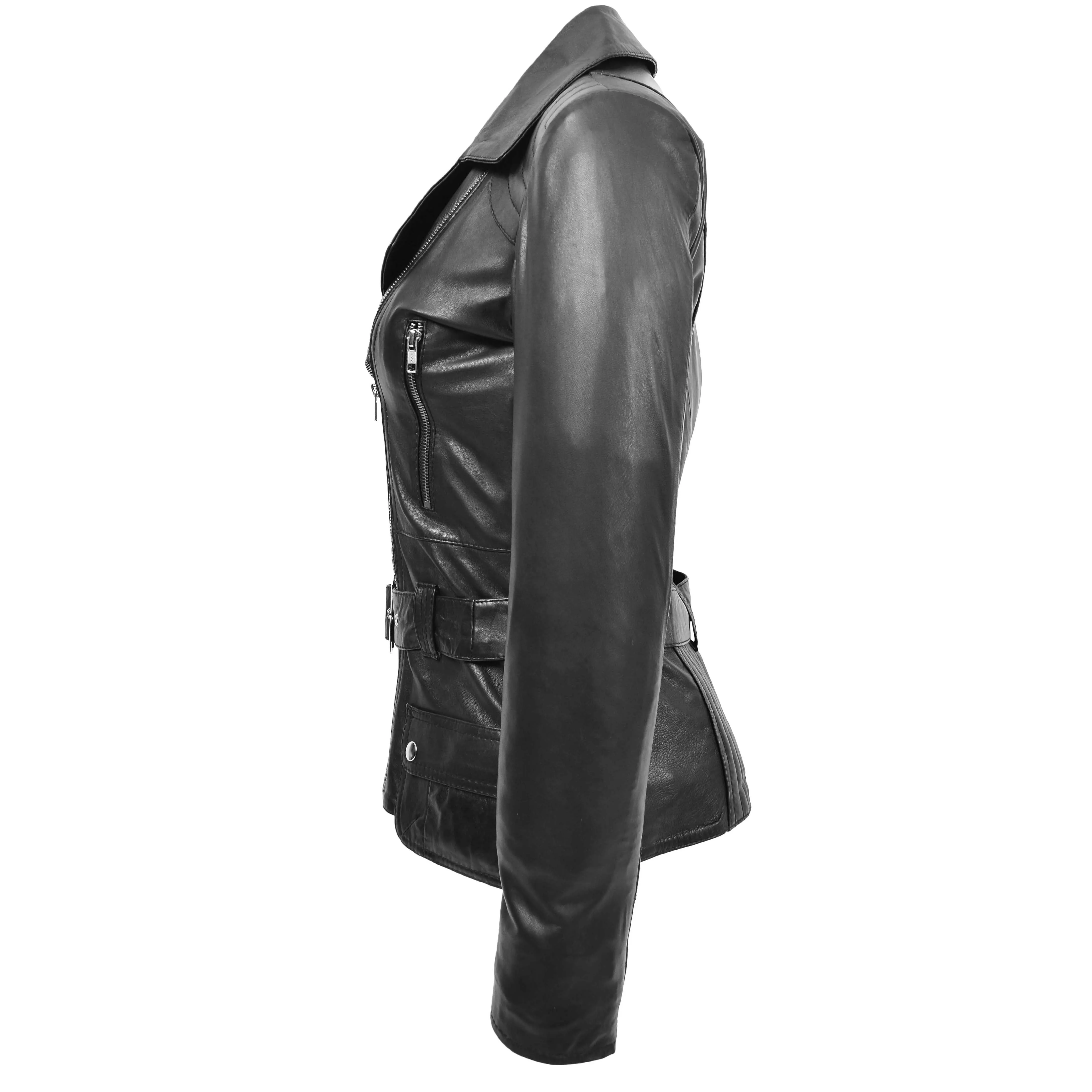 Womens Leather Hip Length Biker Jacket Celia Black