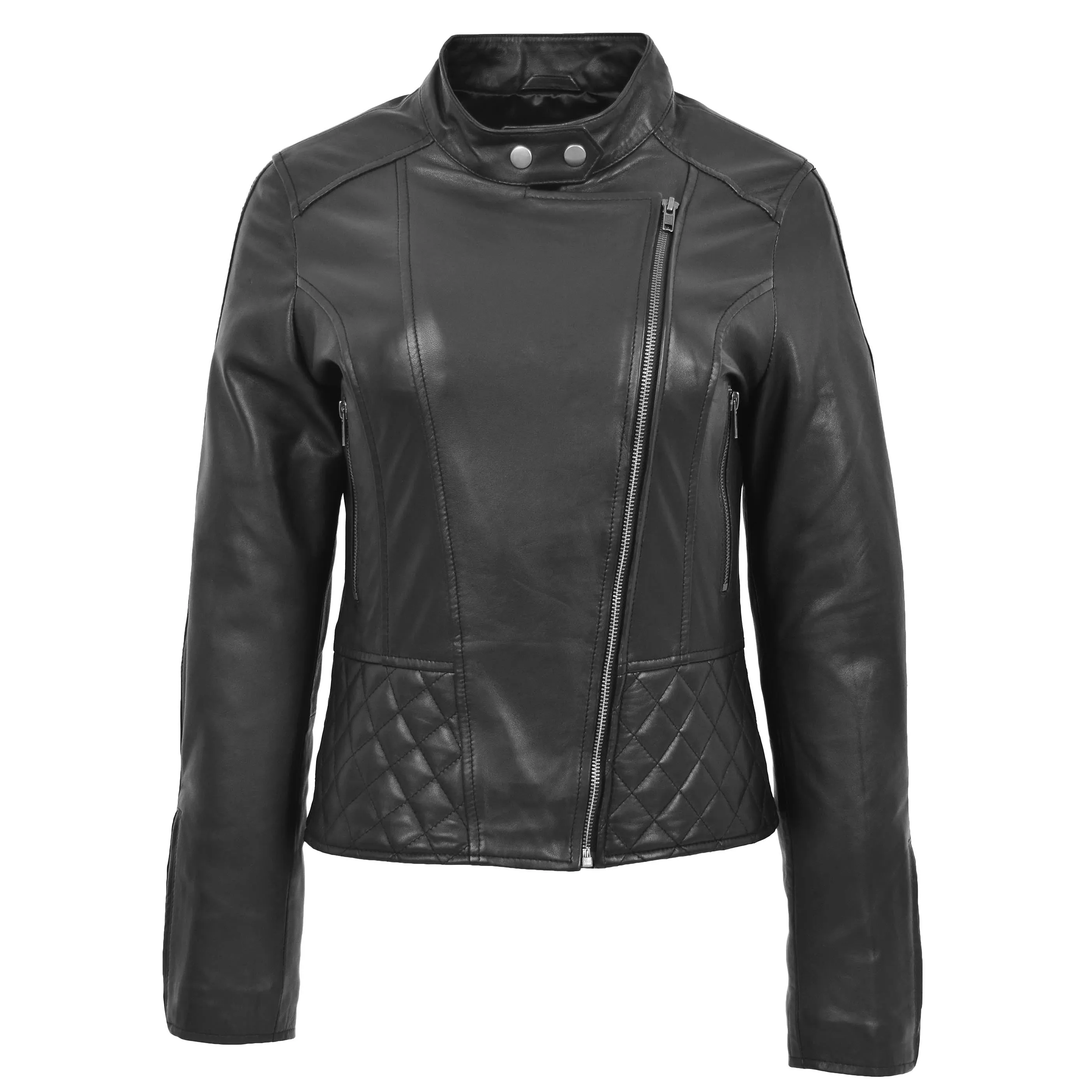 Womens Leather Stand-Up Collar Biker Jacket Laura Black