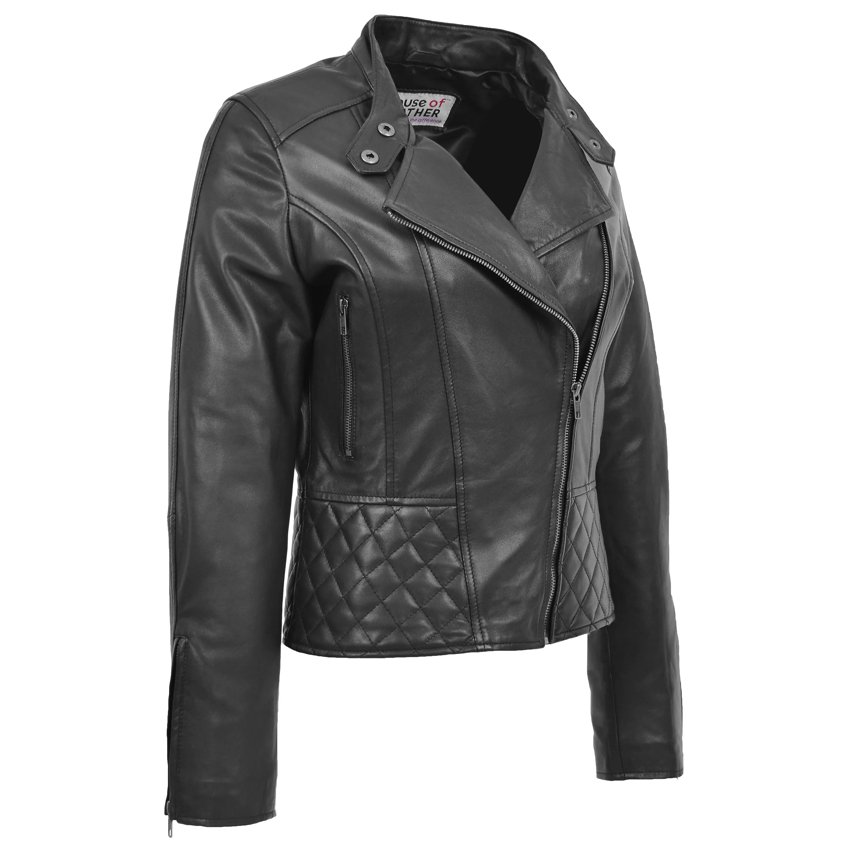 Womens Leather Stand-Up Collar Biker Jacket Laura Black