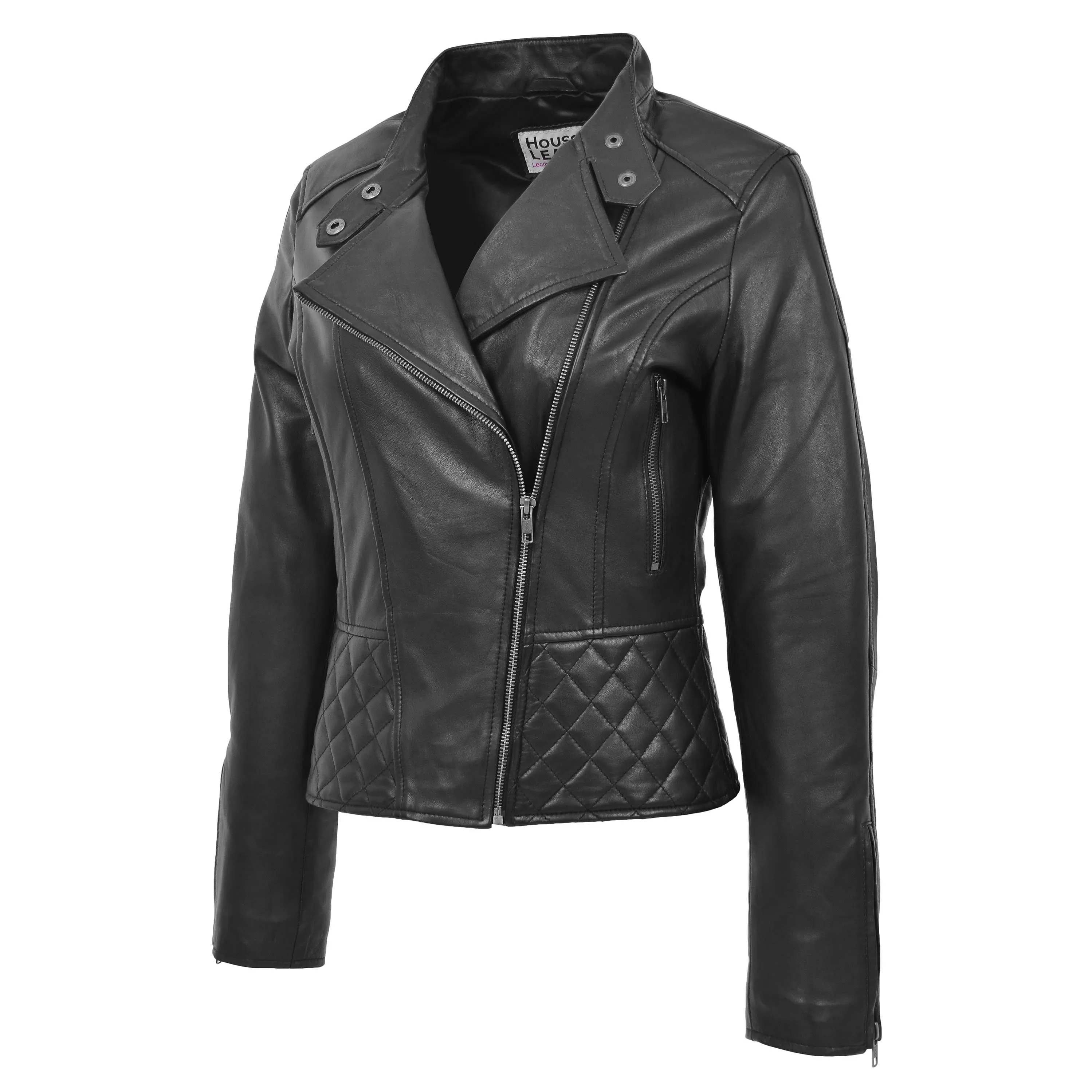 Womens Leather Stand-Up Collar Biker Jacket Laura Black