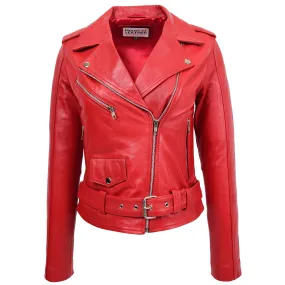 Womens Real Leather Biker Brando Style Jacket Mia Red