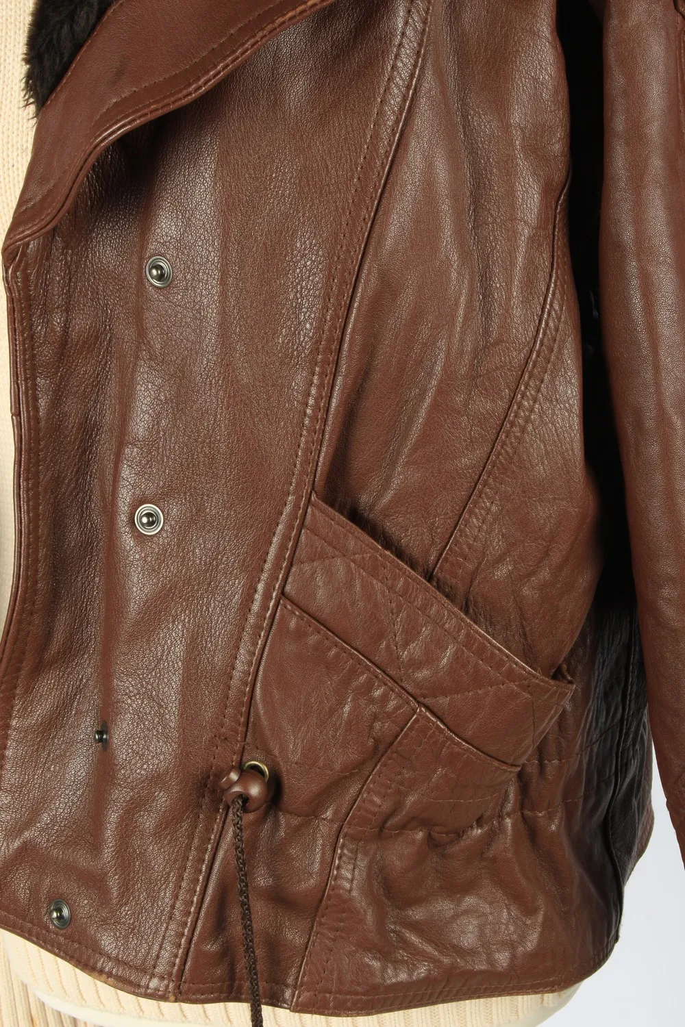 Women’s Real Leather Jacket Snap Lined Vintage Size L Dark Brown C2901 - Pepper Tree London