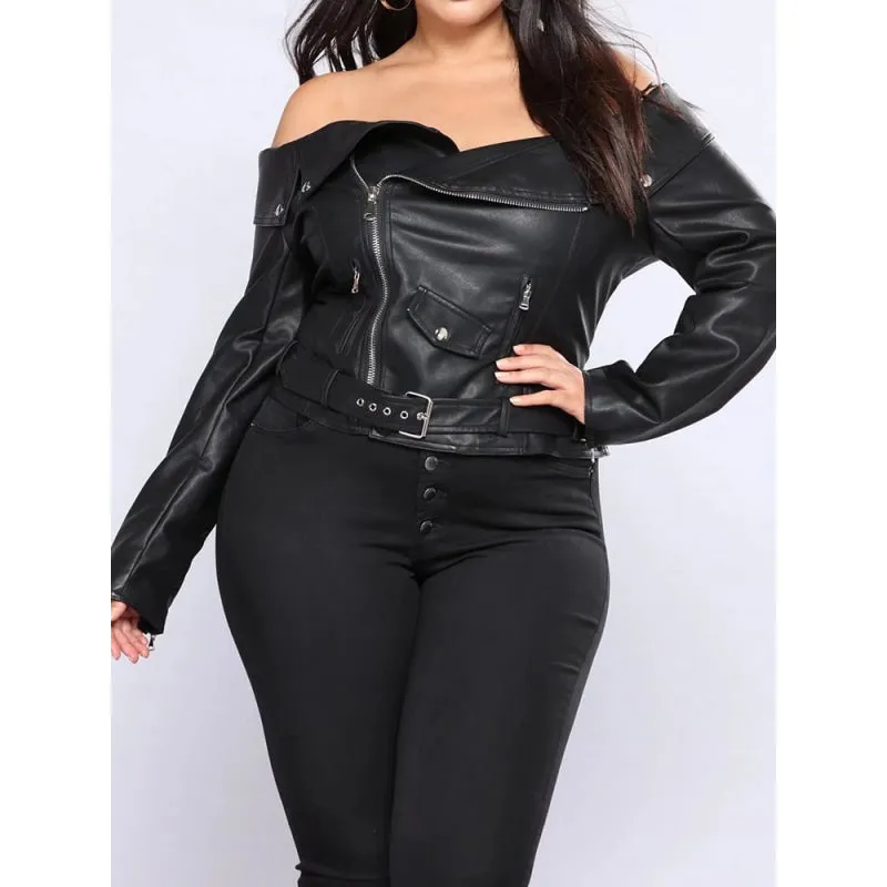 Women's Slash Neck Synthetic Leather Moto Biker Zipper Jacket with Belt