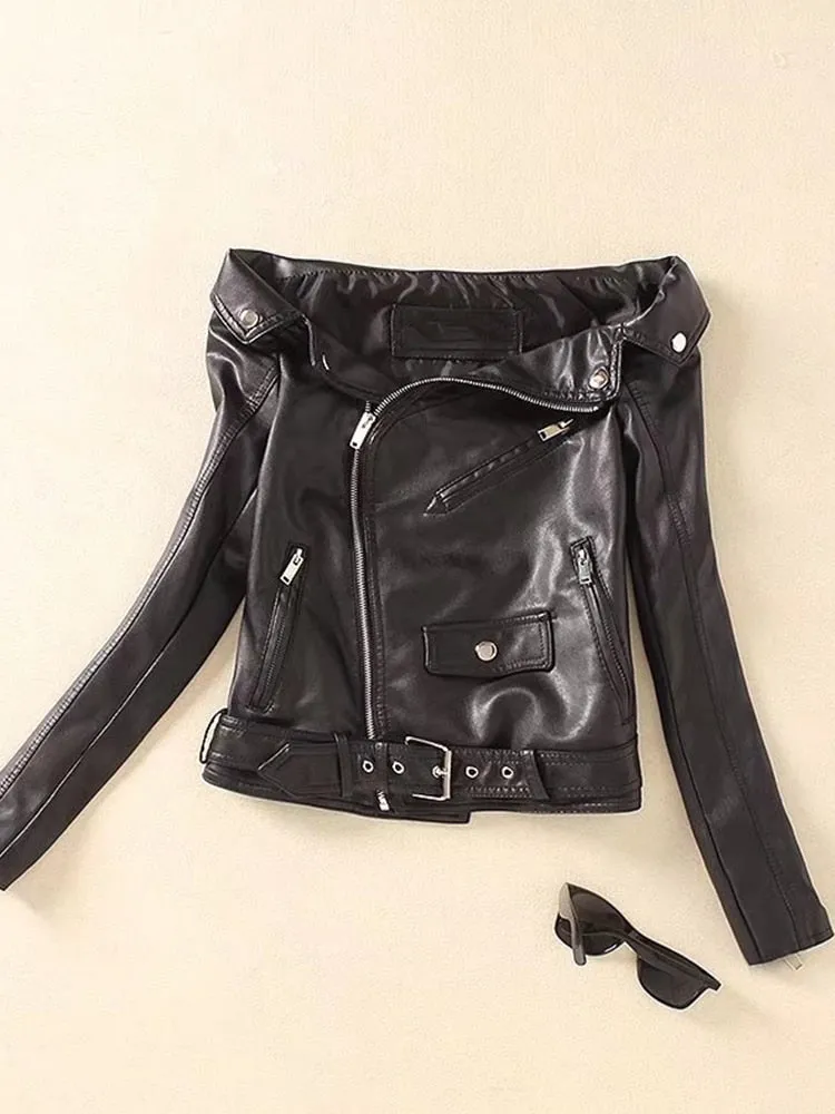 Women's Slash Neck Synthetic Leather Moto Biker Zipper Jacket with Belt