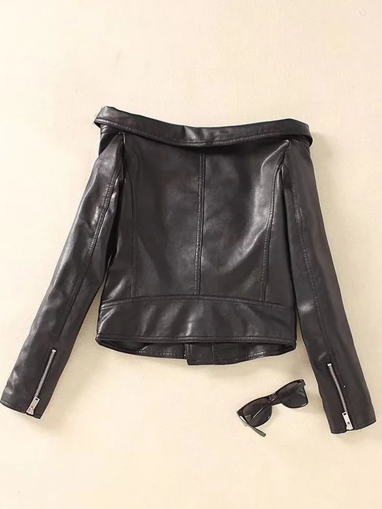 Women's Slash Neck Synthetic Leather Moto Biker Zipper Jacket with Belt