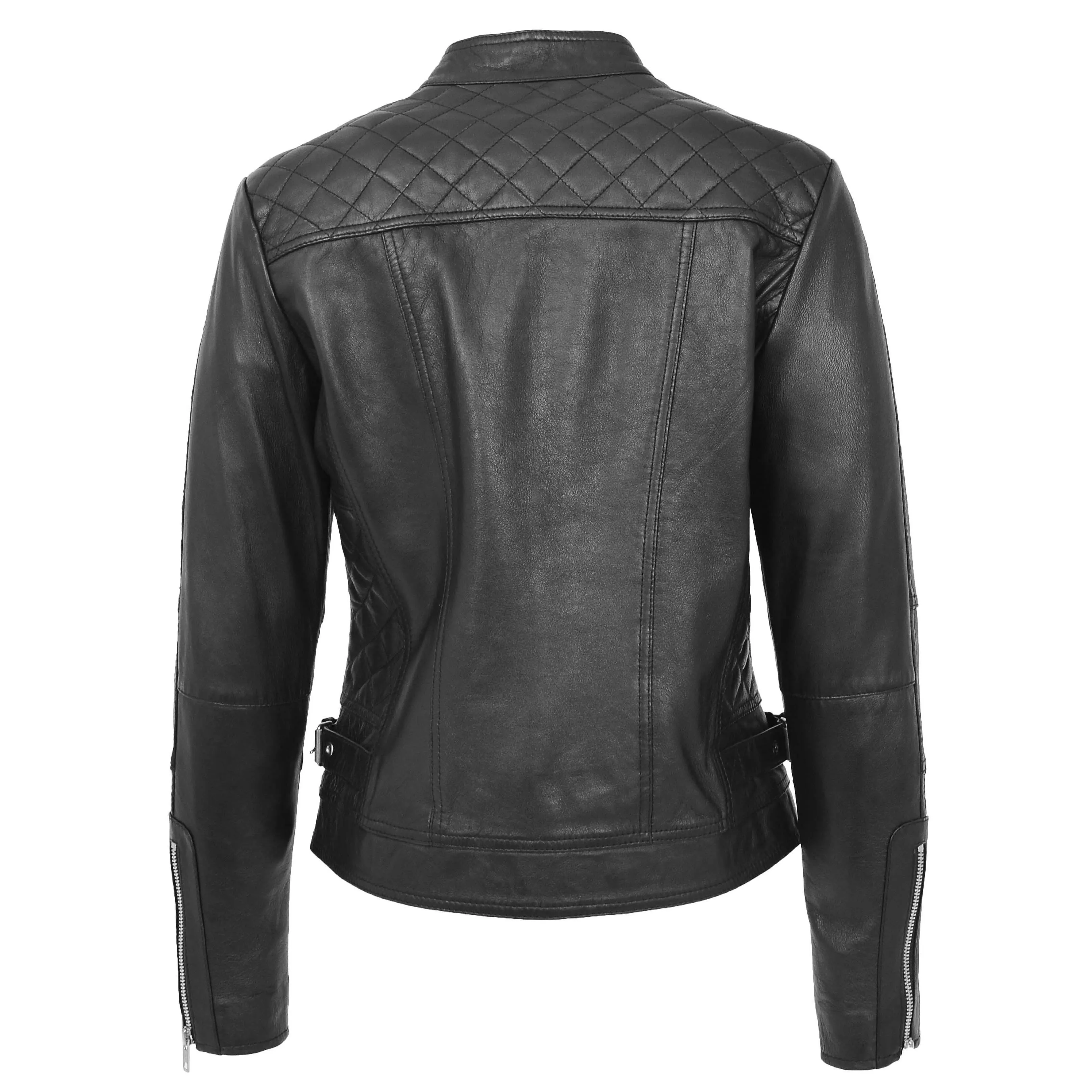 Womens Soft Leather Casual Zip Biker Jacket Ruby Black