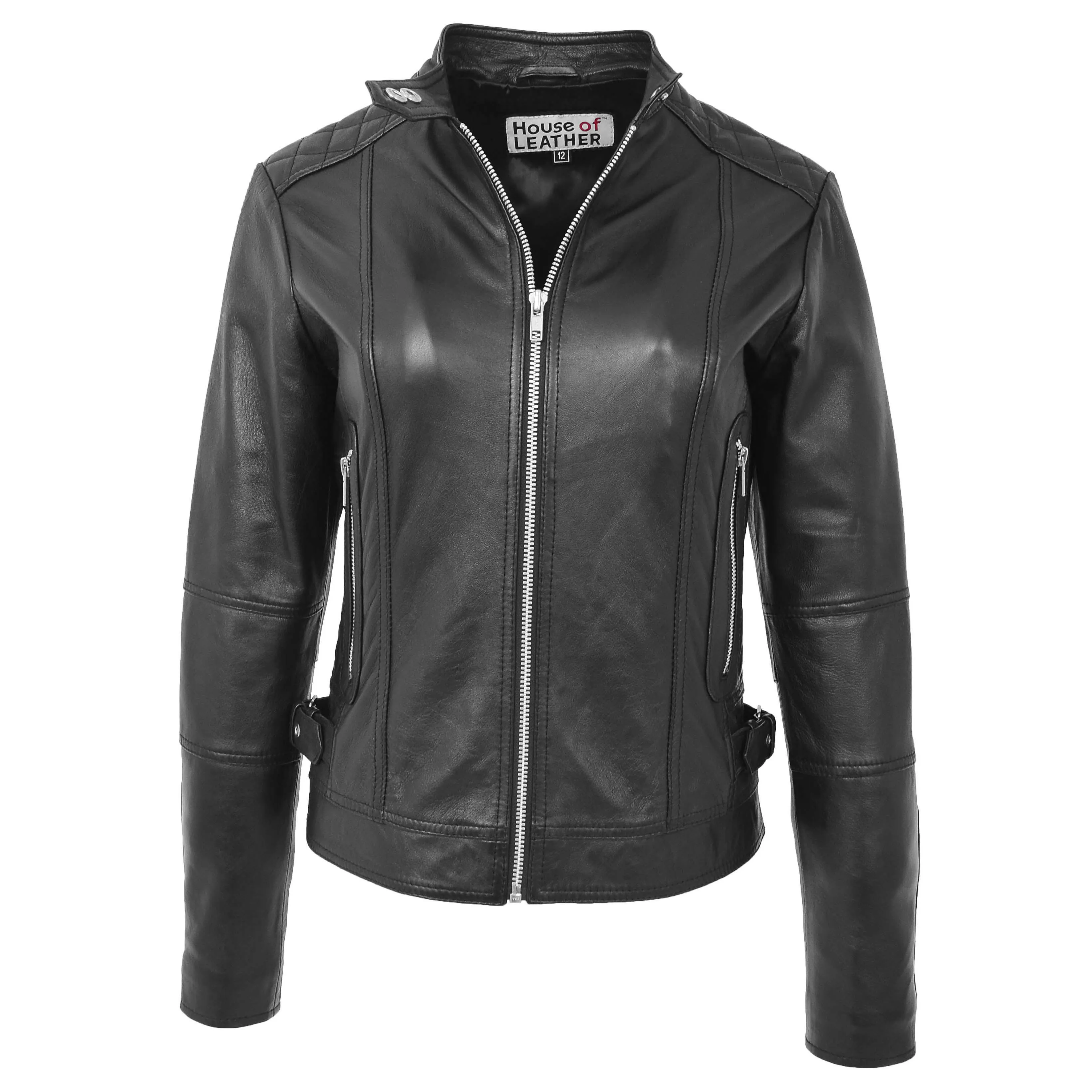 Womens Soft Leather Casual Zip Biker Jacket Ruby Black