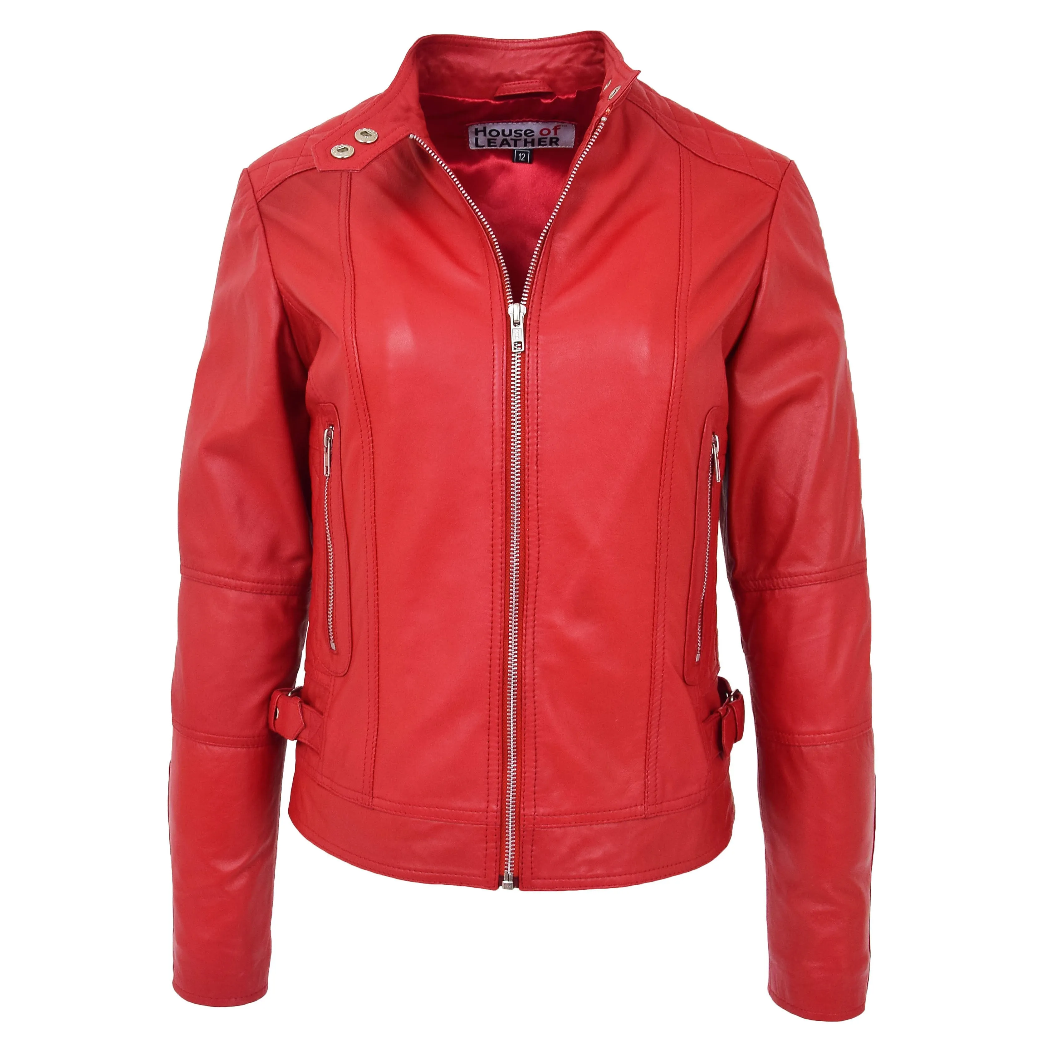 Womens Soft Leather Casual Zip Biker Jacket Ruby Red