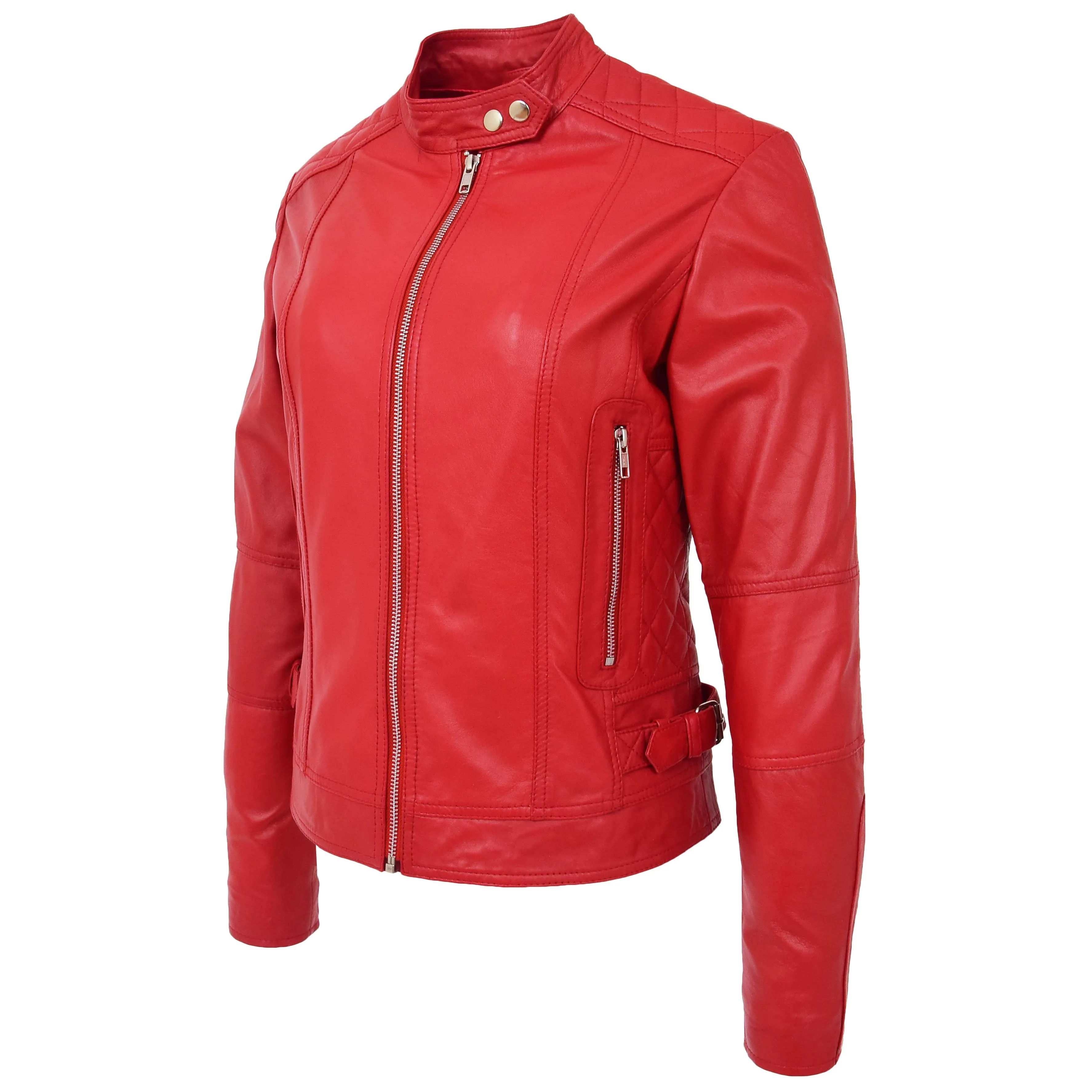 Womens Soft Leather Casual Zip Biker Jacket Ruby Red