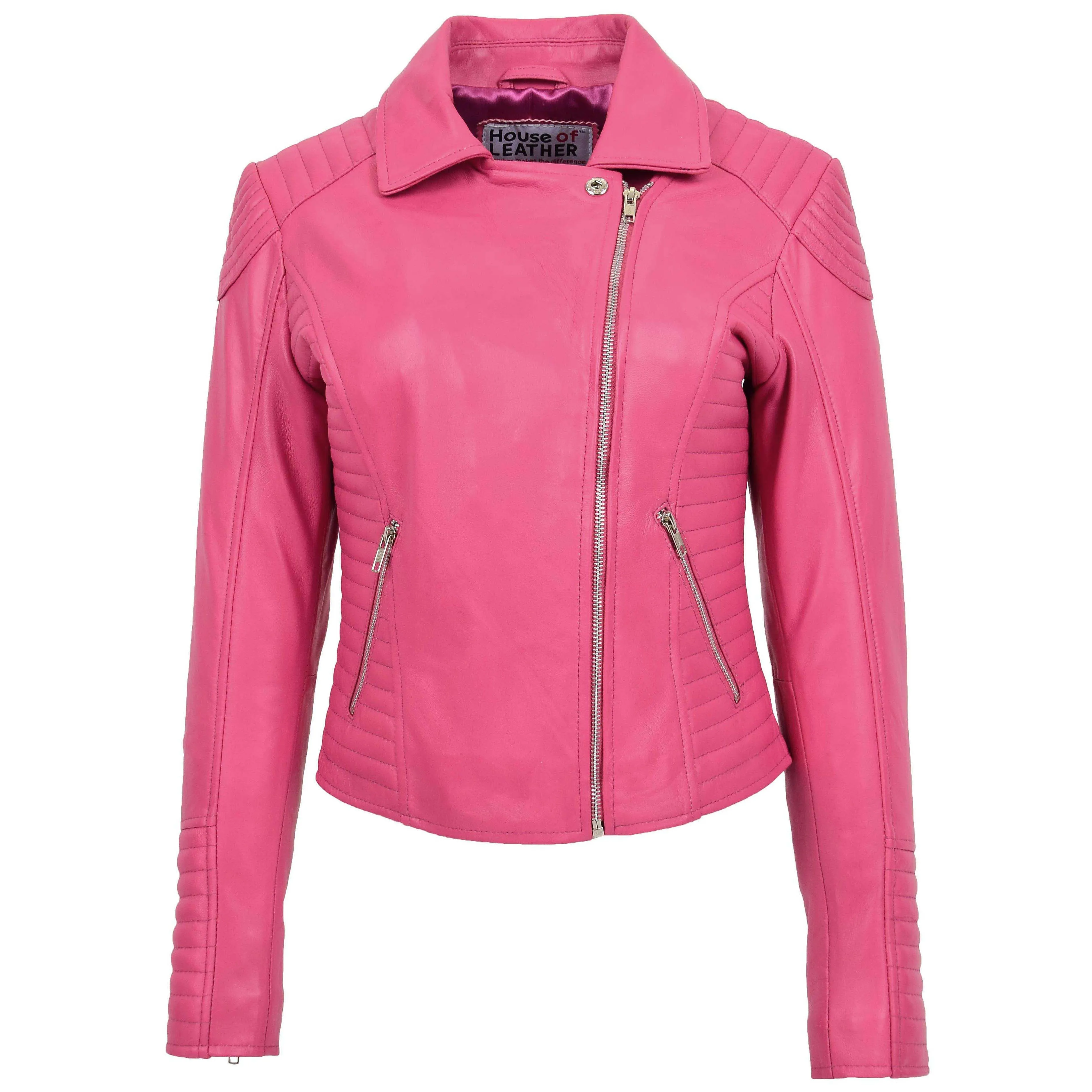 Womens Soft Leather Cross Zip Biker Jacket Anna Pink