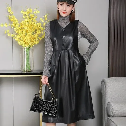 Women's Winter Genuine Leather Oversized Slim A-line Knee Vest Dress