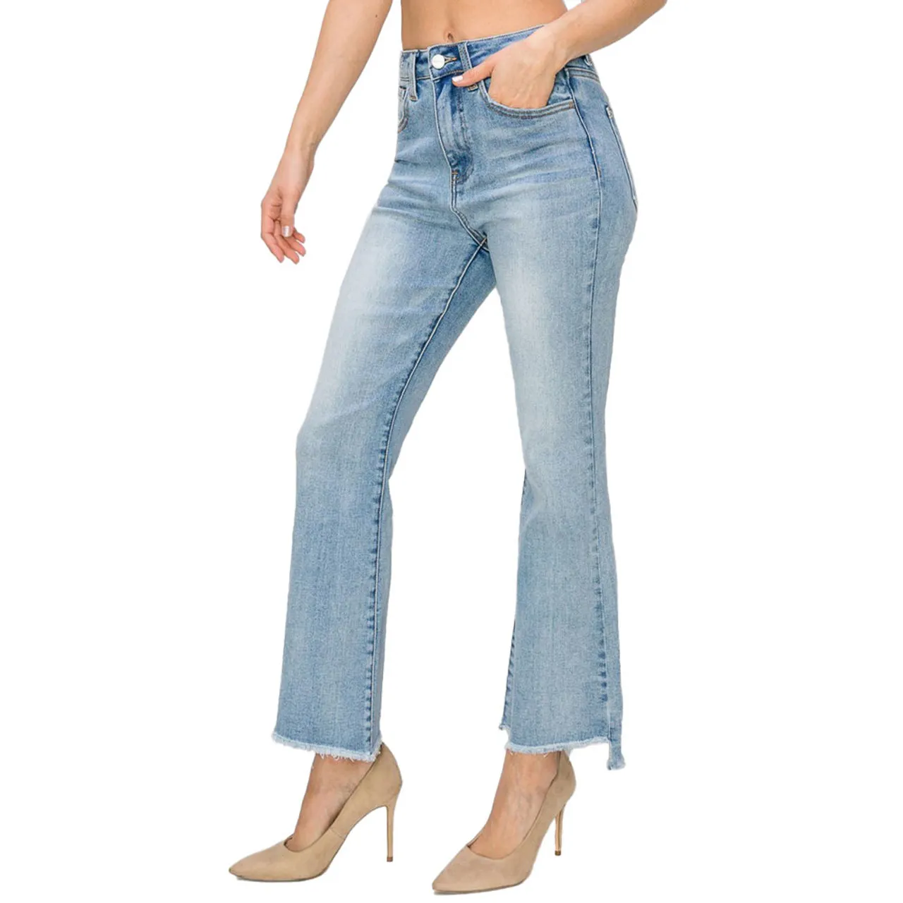 Women's Risen High Rise Crop Flare Side Step Hem Jeans - Light Wash