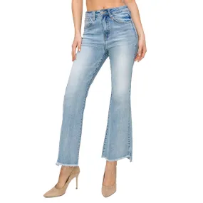 Women's Risen High Rise Crop Flare Side Step Hem Jeans - Light Wash