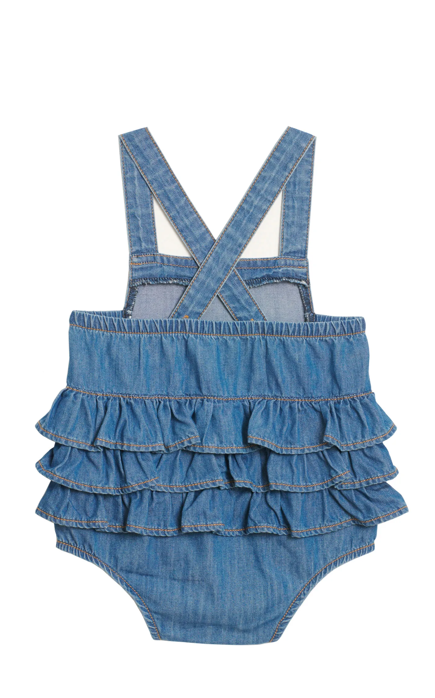 Wrangler Infant Girl's Medium Wash Sleeveless Tiered Ruffle Back Denim Romper