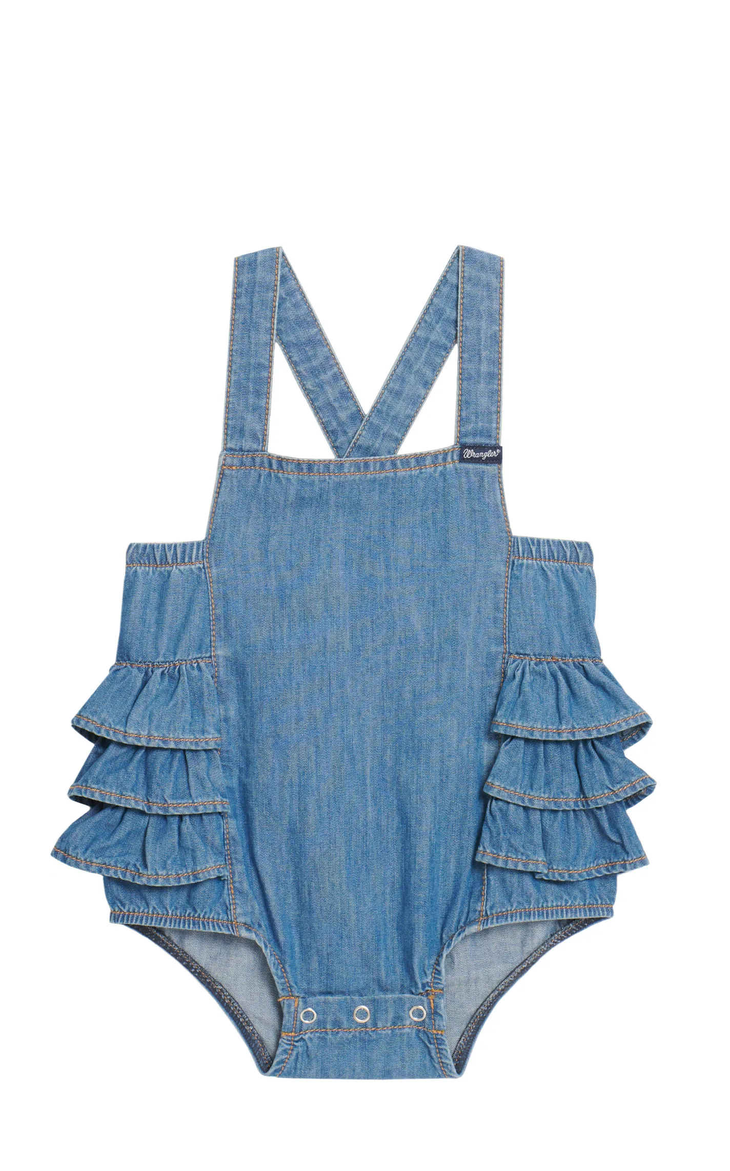 Wrangler Infant Girl's Medium Wash Sleeveless Tiered Ruffle Back Denim Romper