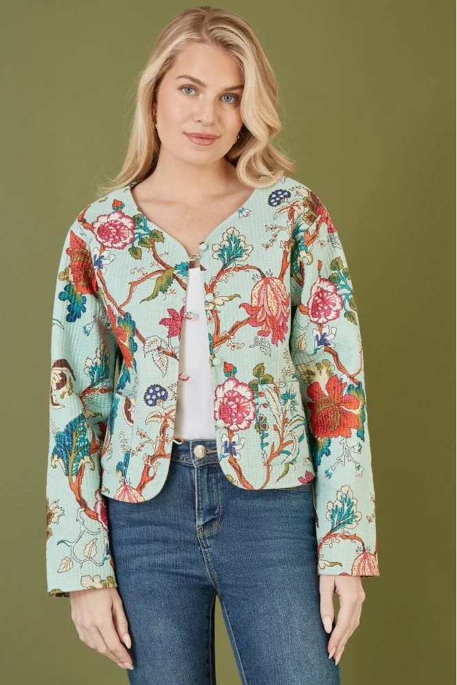 Yumi Blue Floral Print Reversible Cotton Cropped Quilted Jacket