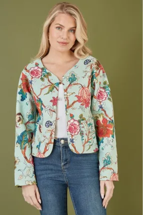 Yumi Blue Floral Print Reversible Cotton Cropped Quilted Jacket