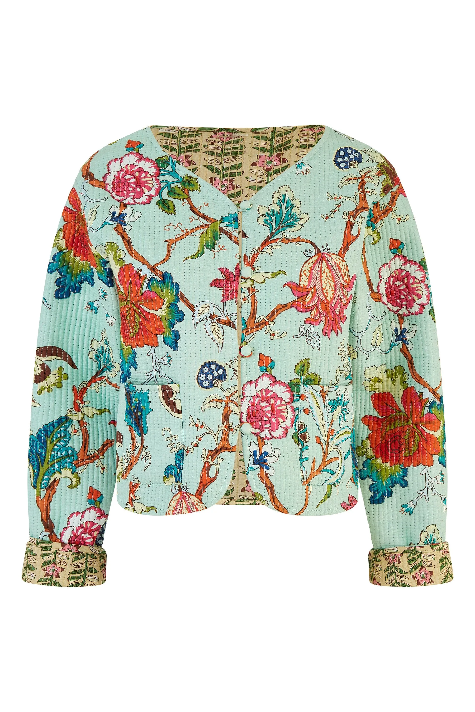 Yumi Blue Floral Print Reversible Cotton Cropped Quilted Jacket