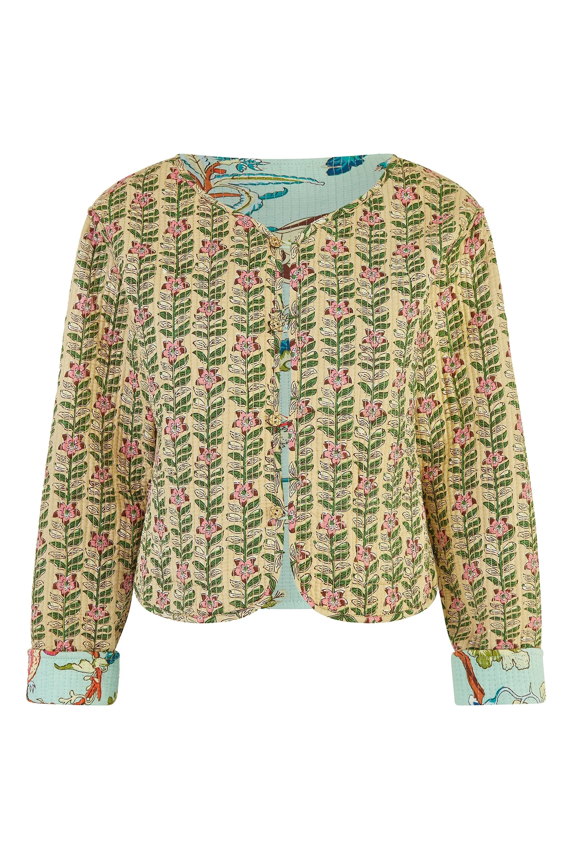 Yumi Blue Floral Print Reversible Cotton Cropped Quilted Jacket