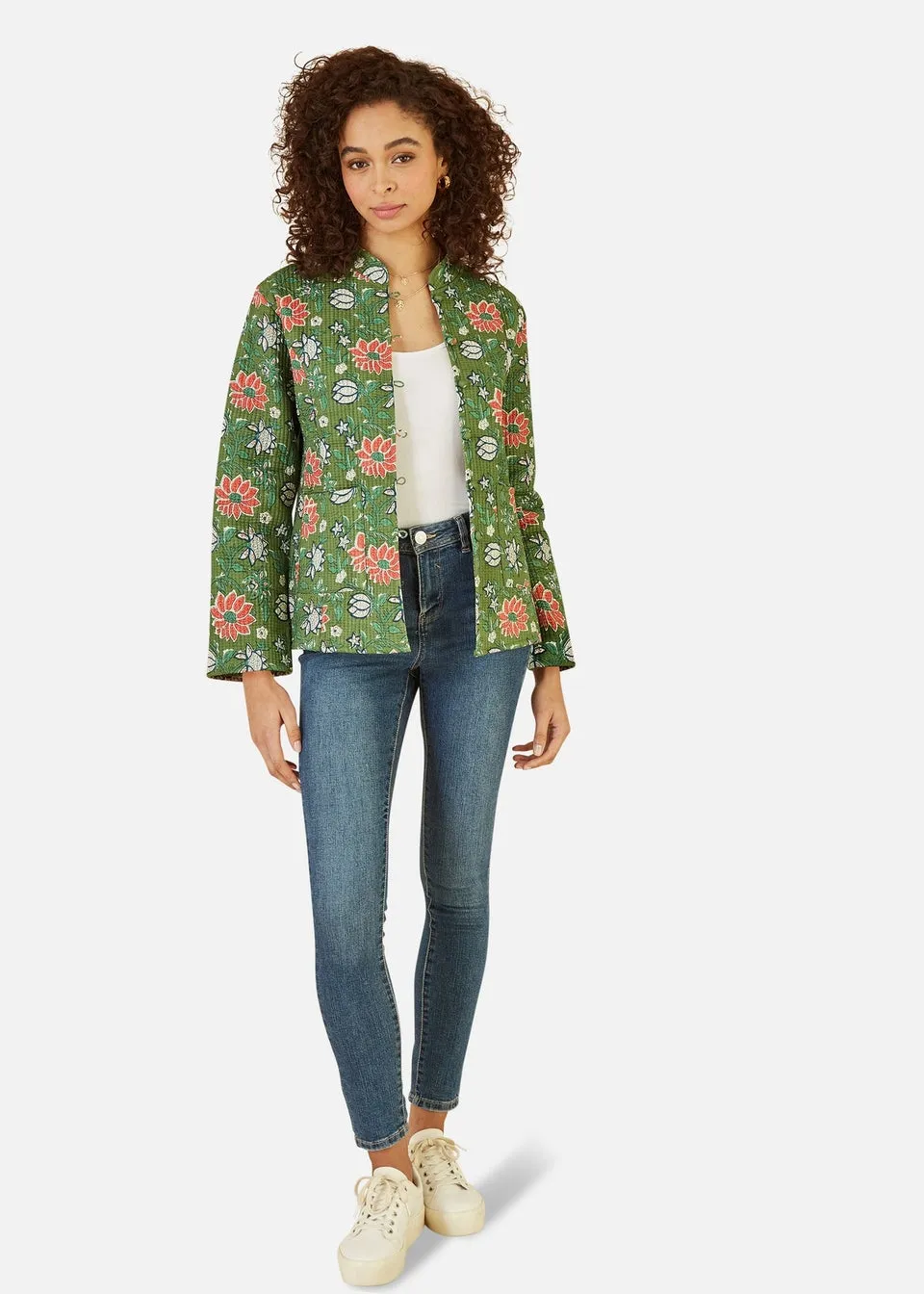 Yumi Green Floral Print Reversible Cotton Cropped Quilted Jacket